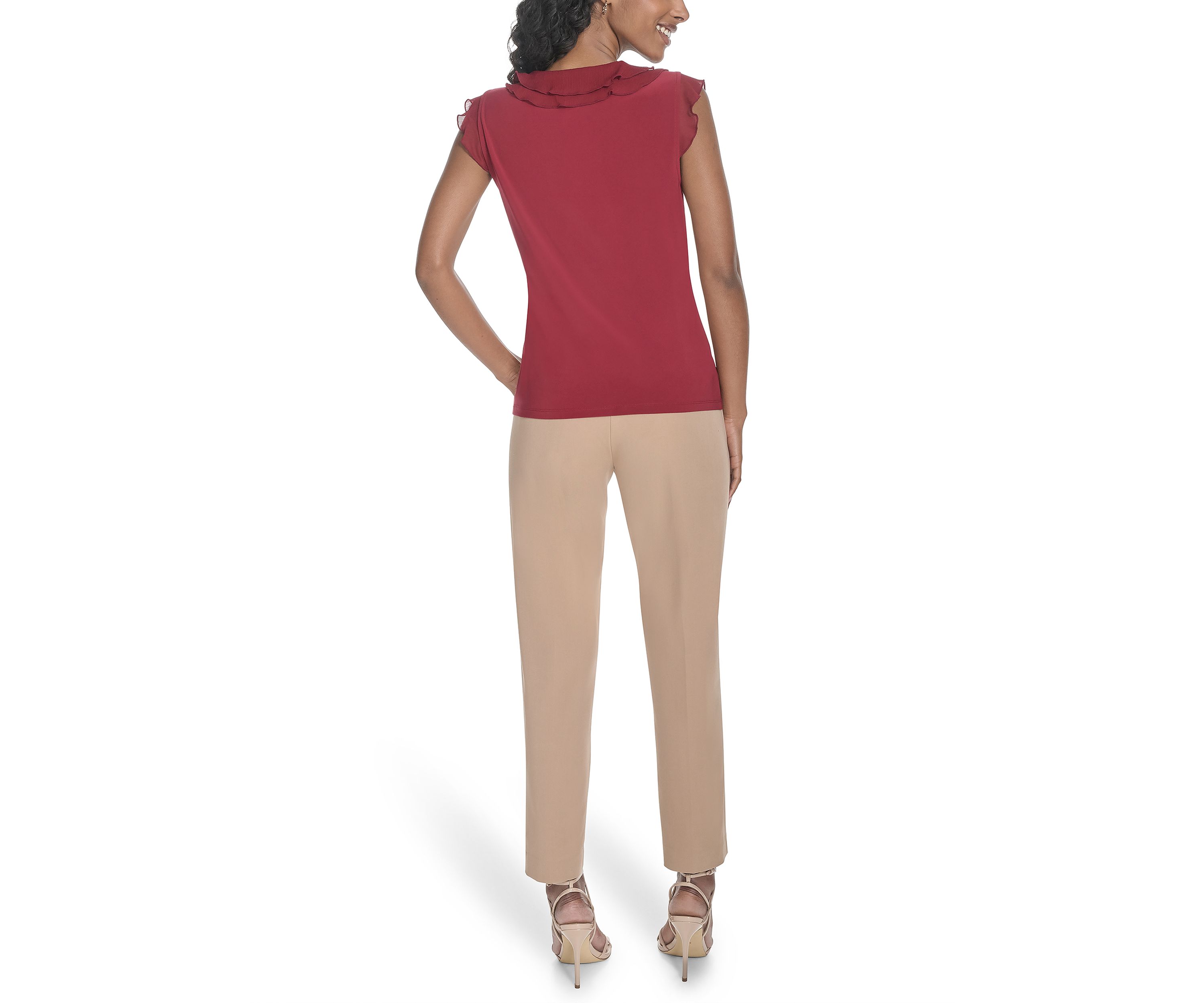Womens Solid Mixed Media Ruffle Top