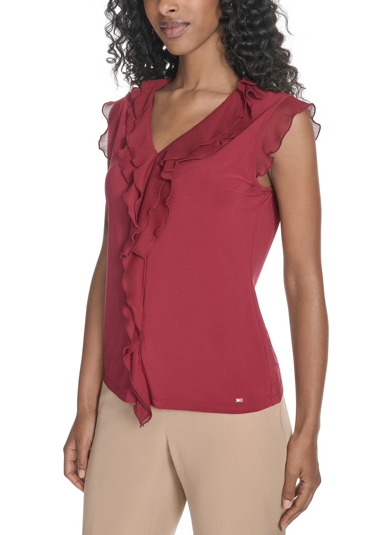 Womens Solid Mixed Media Ruffle Top