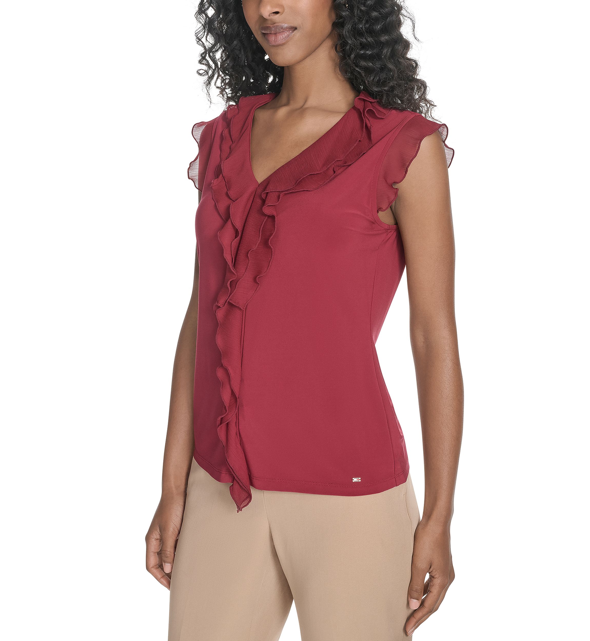 Womens Solid Mixed Media Ruffle Top