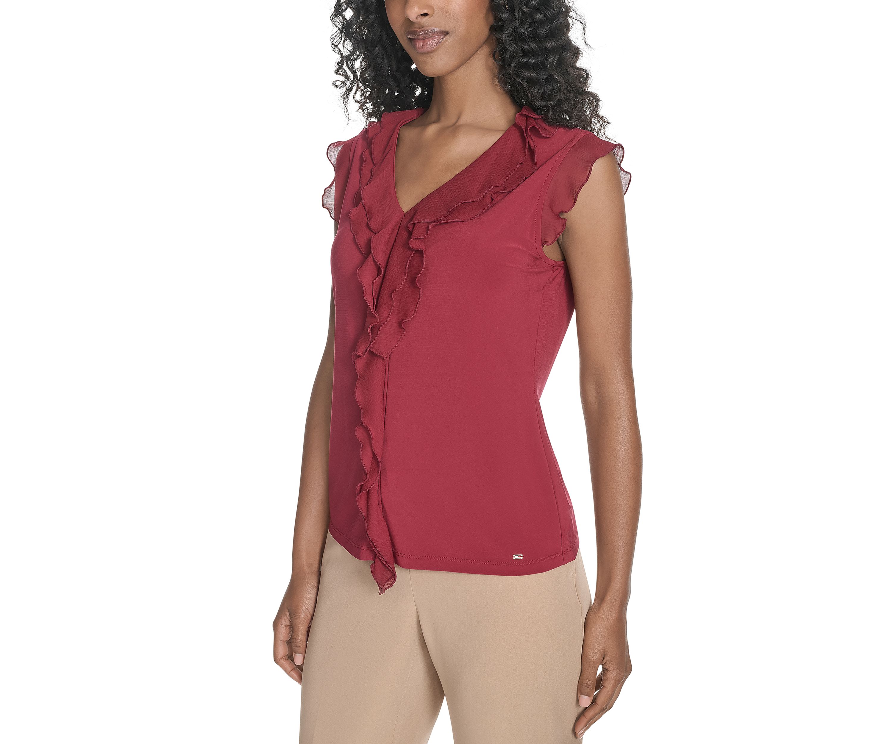 Womens Solid Mixed Media Ruffle Top