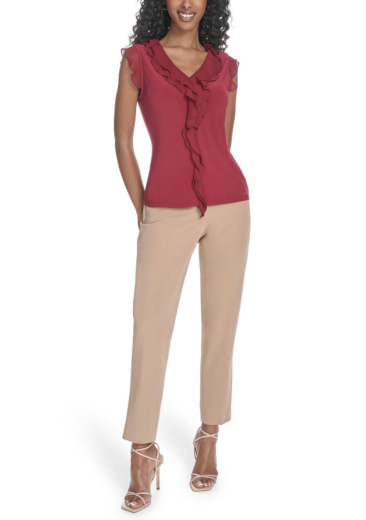 Womens Solid Mixed Media Ruffle Top