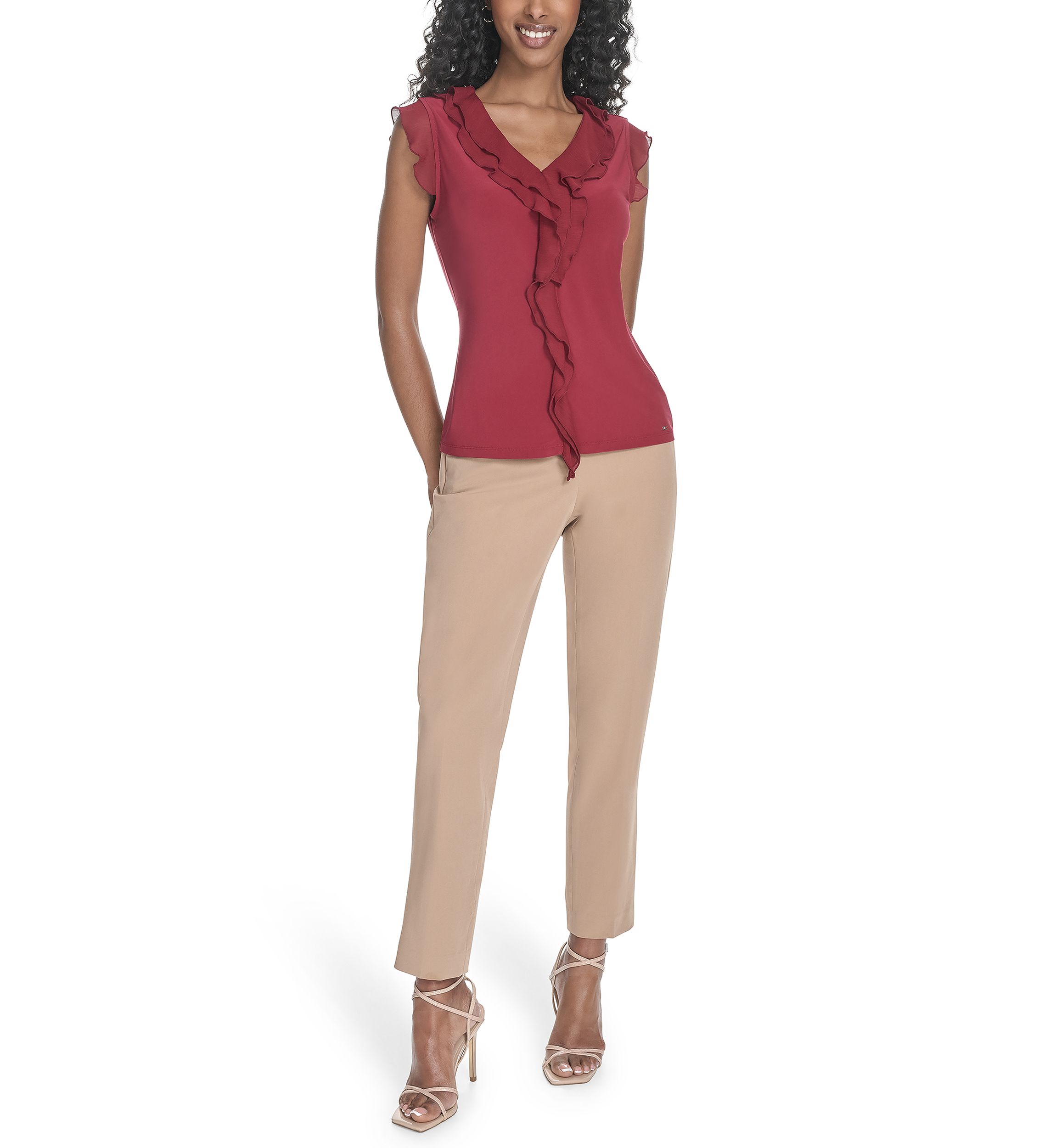 Womens Solid Mixed Media Ruffle Top