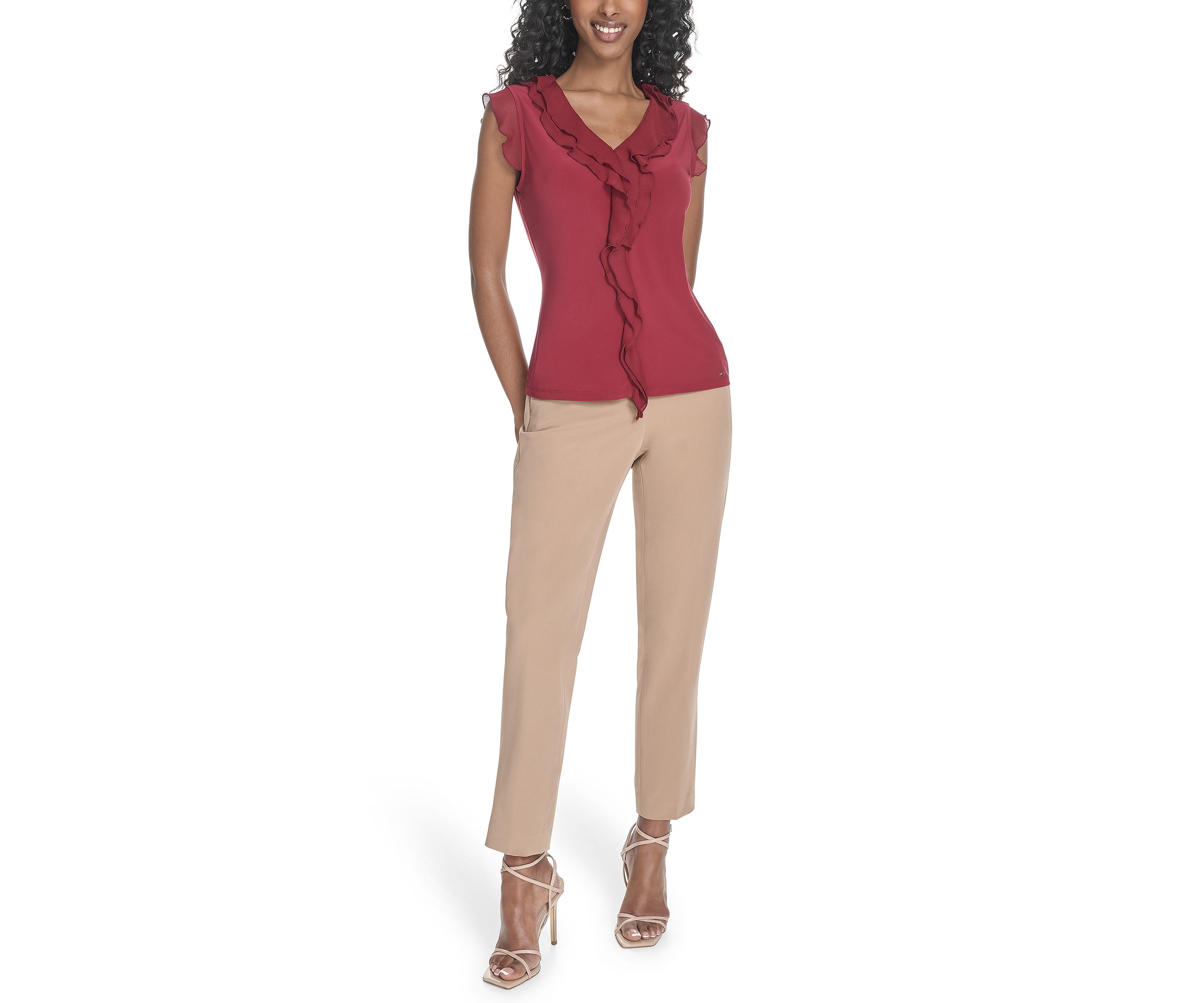 Womens Solid Mixed Media Ruffle Top