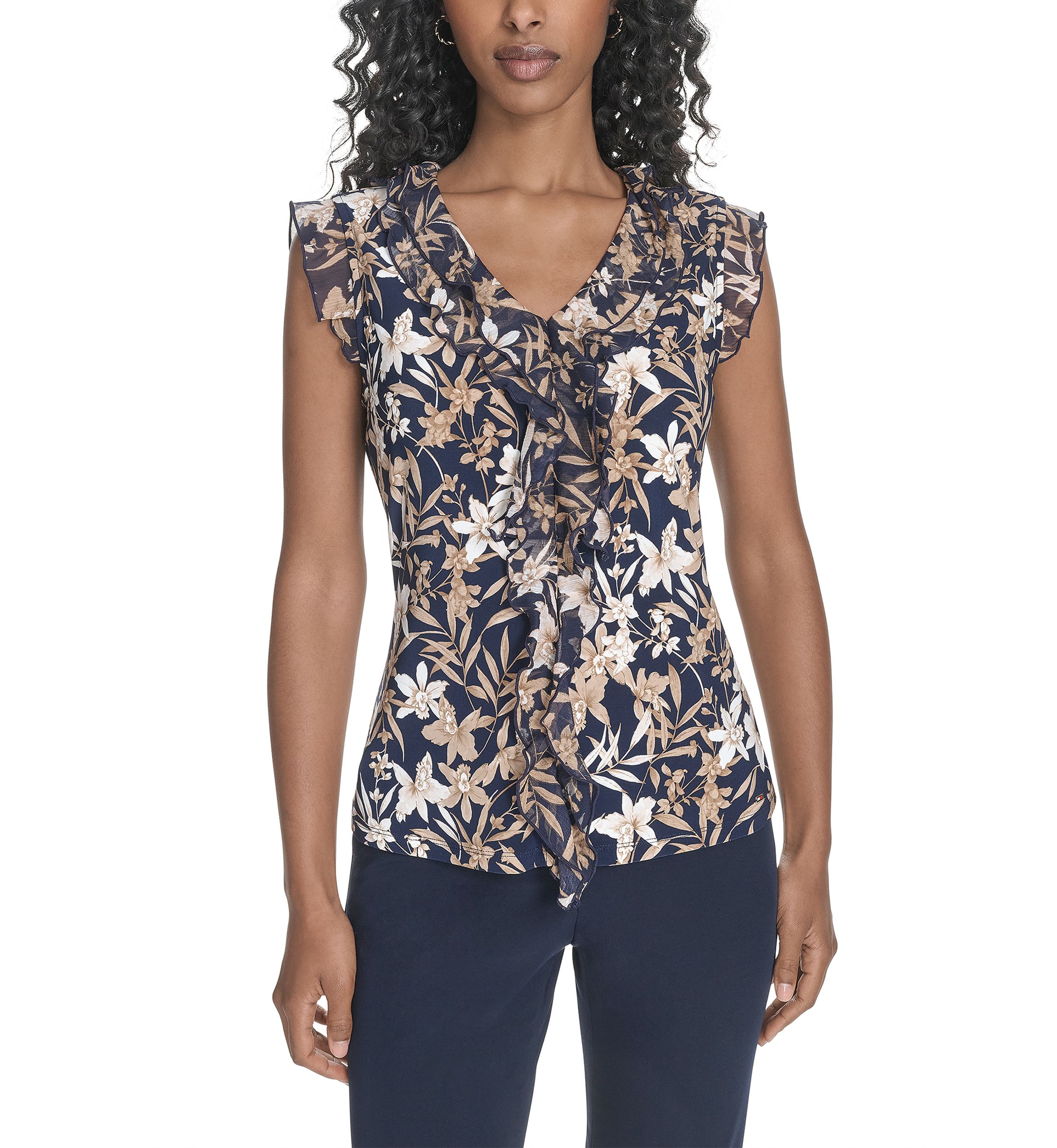 Womens Floral Mixed Media Ruffle Top