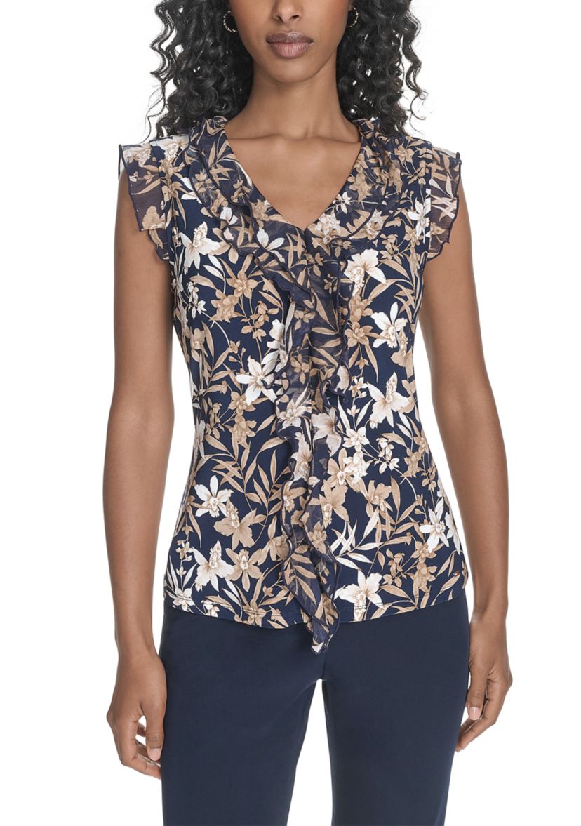 Womens Floral Mixed Media Ruffle Top