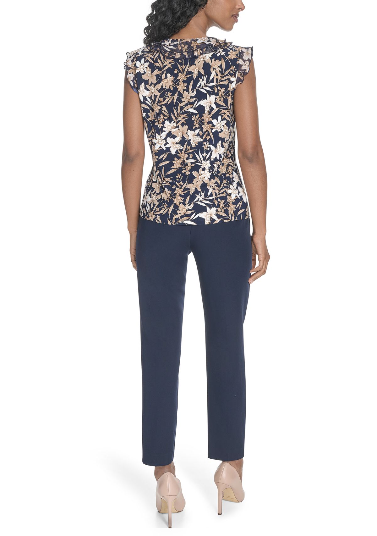 Womens Floral Mixed Media Ruffle Top