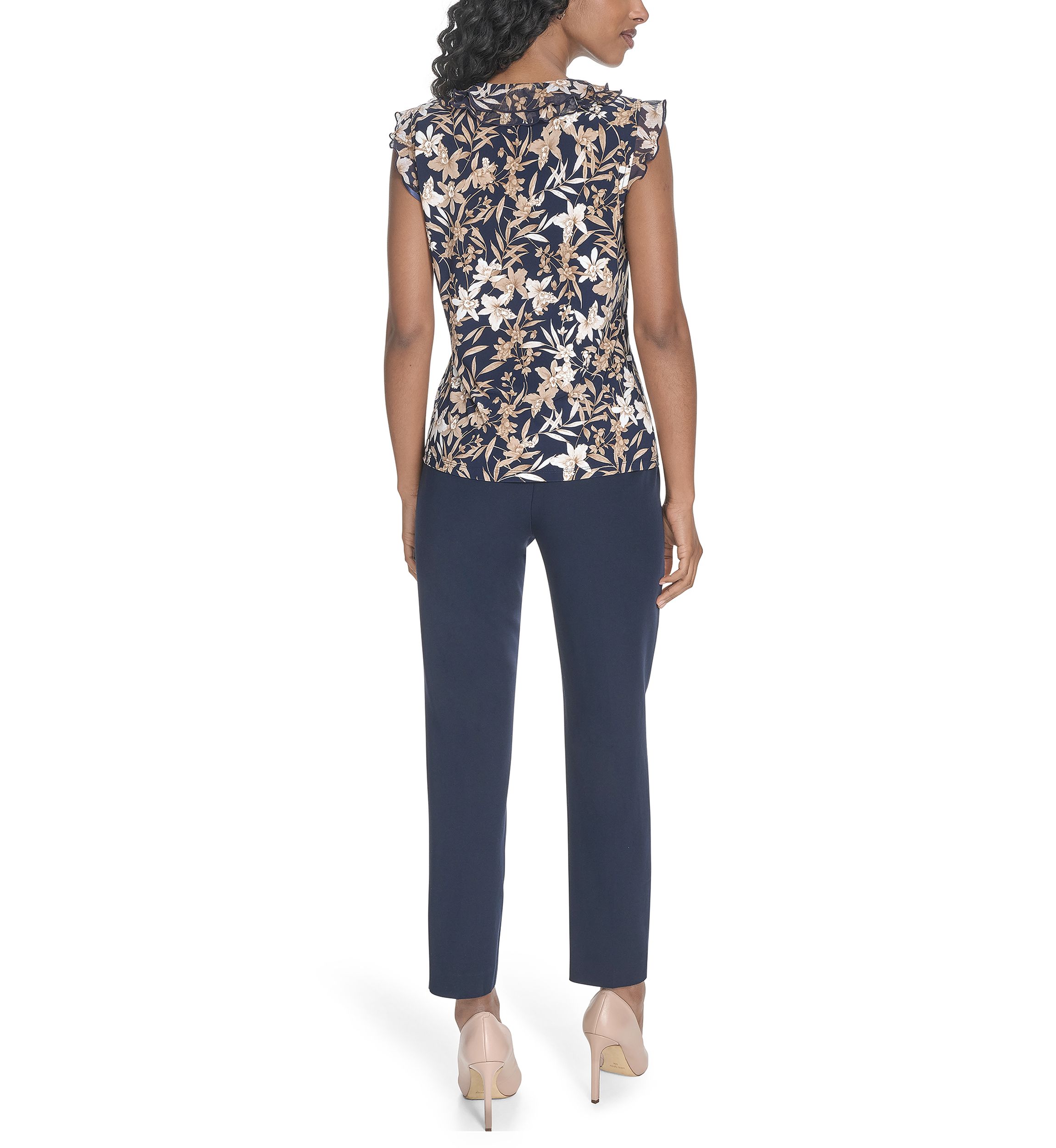 Womens Floral Mixed Media Ruffle Top