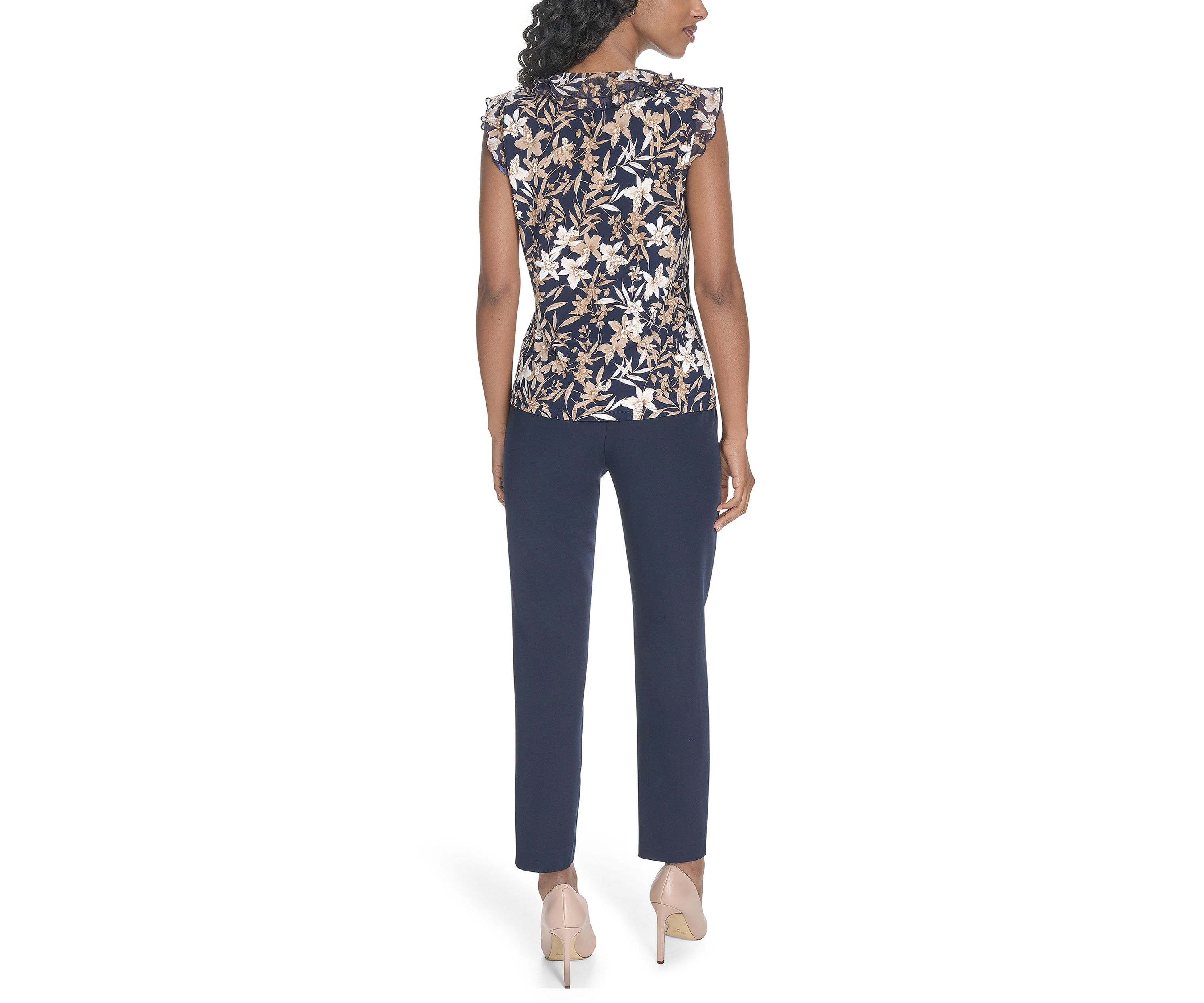 Womens Floral Mixed Media Ruffle Top