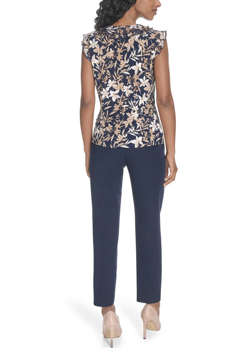 Womens Floral Mixed Media Ruffle Top