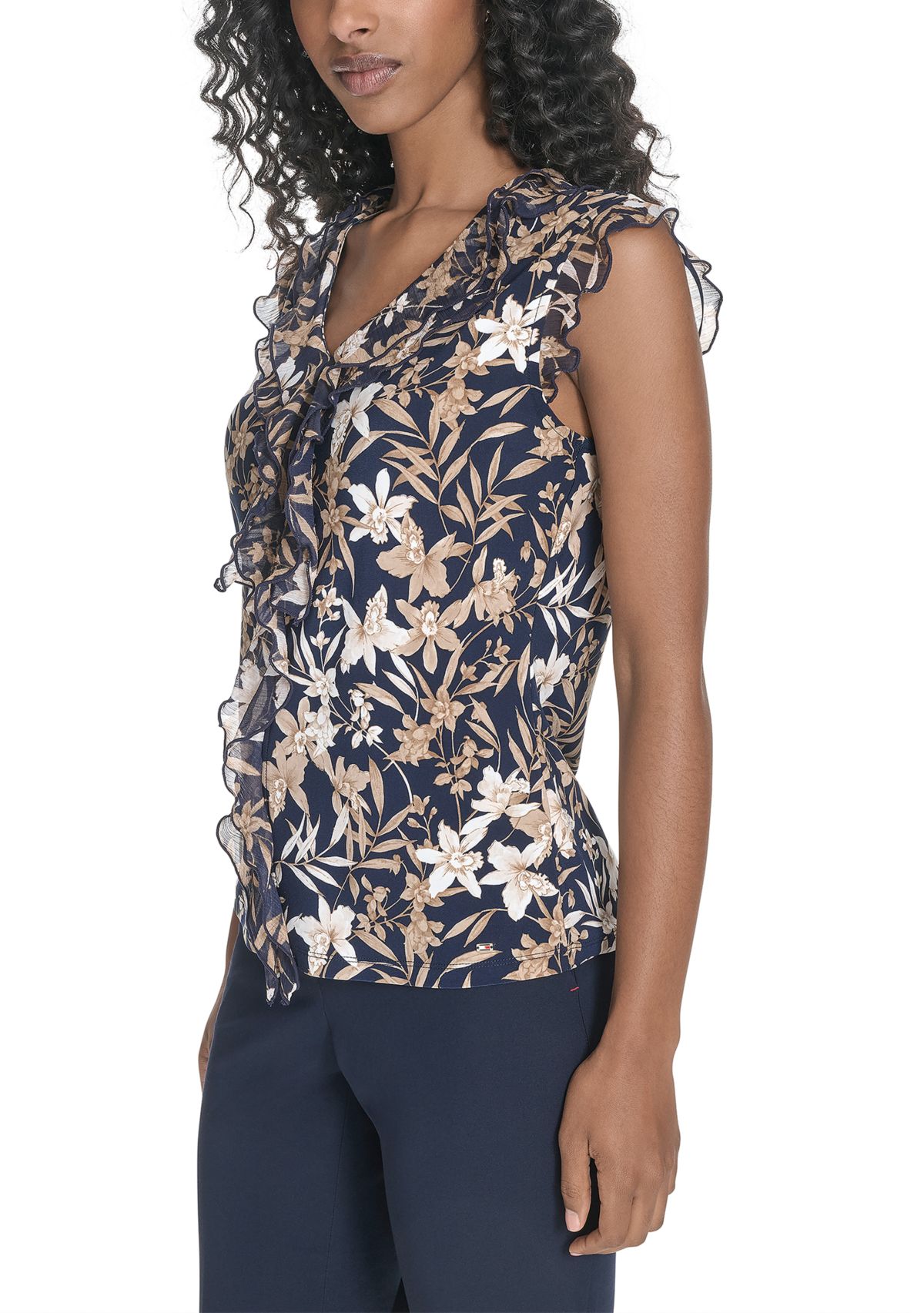 Womens Floral Mixed Media Ruffle Top