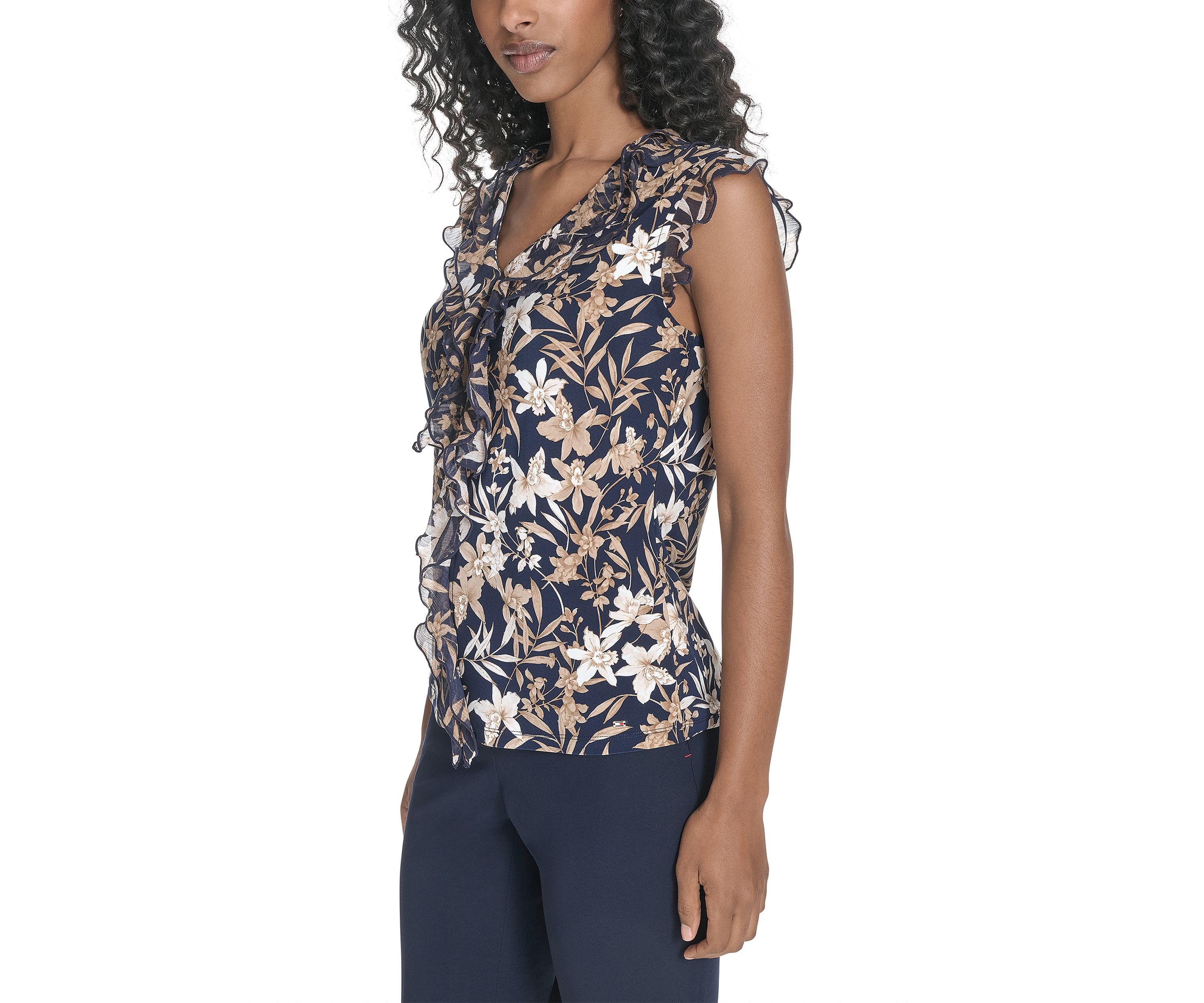 Womens Floral Mixed Media Ruffle Top
