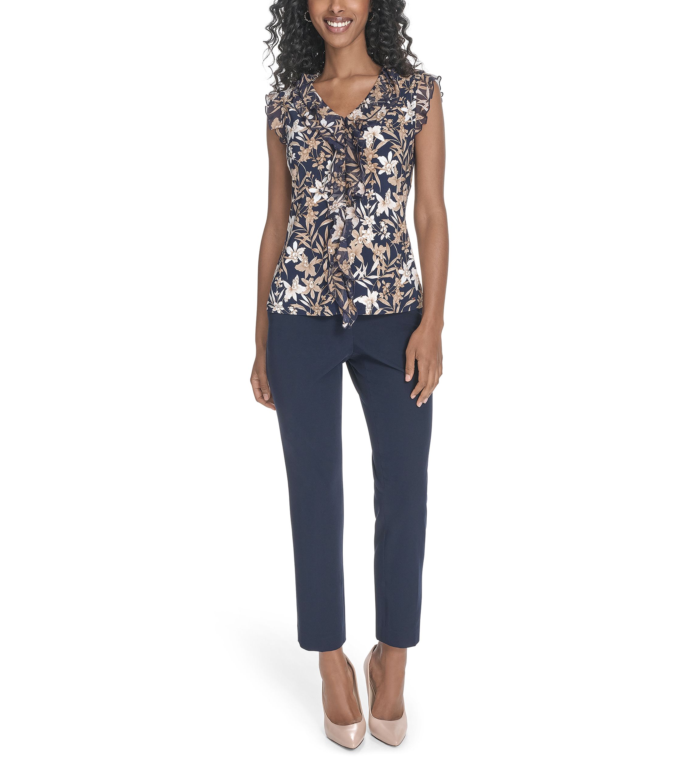 Womens Floral Mixed Media Ruffle Top