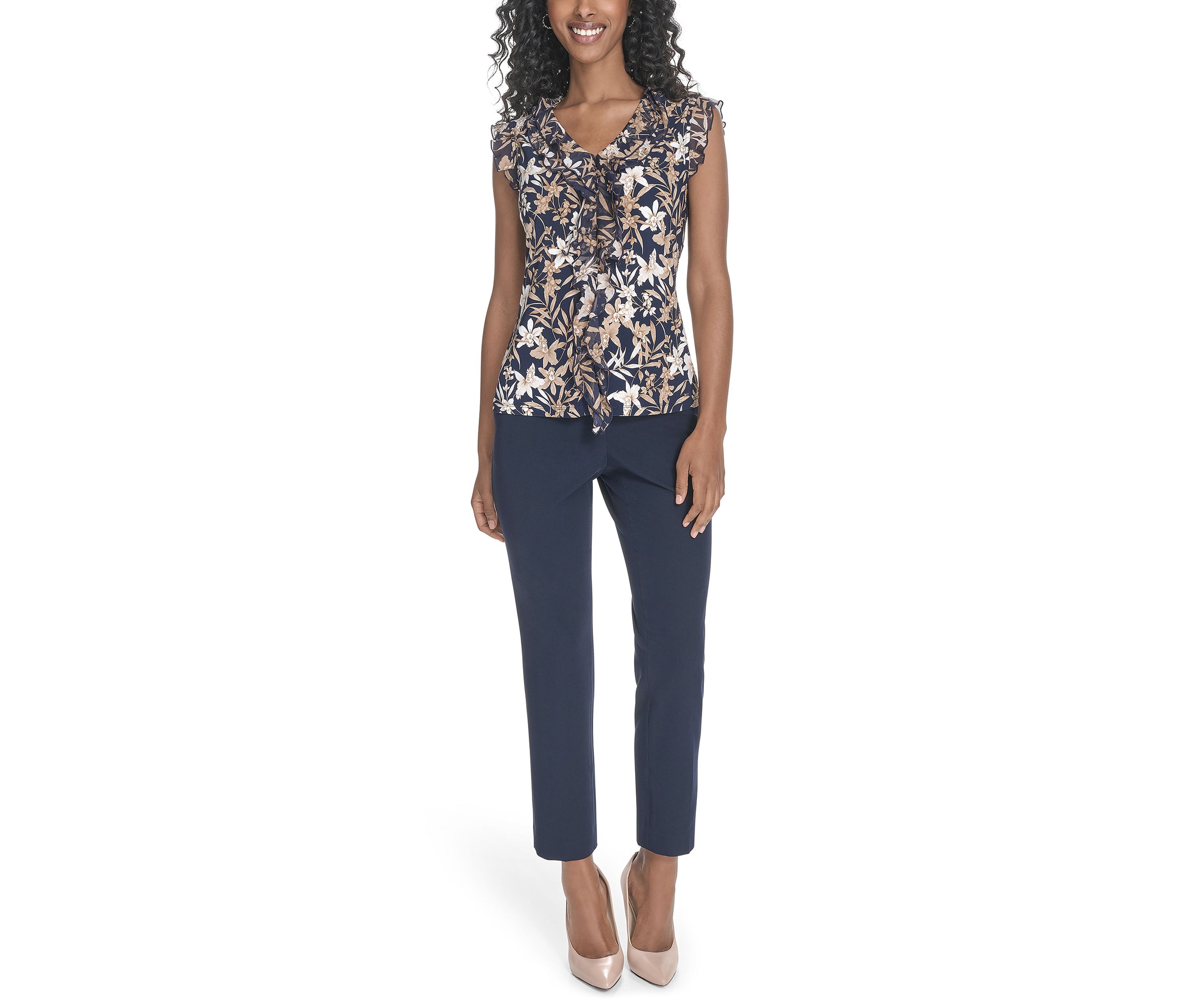 Womens Floral Mixed Media Ruffle Top