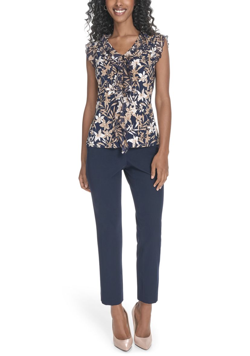 Womens Floral Mixed Media Ruffle Top