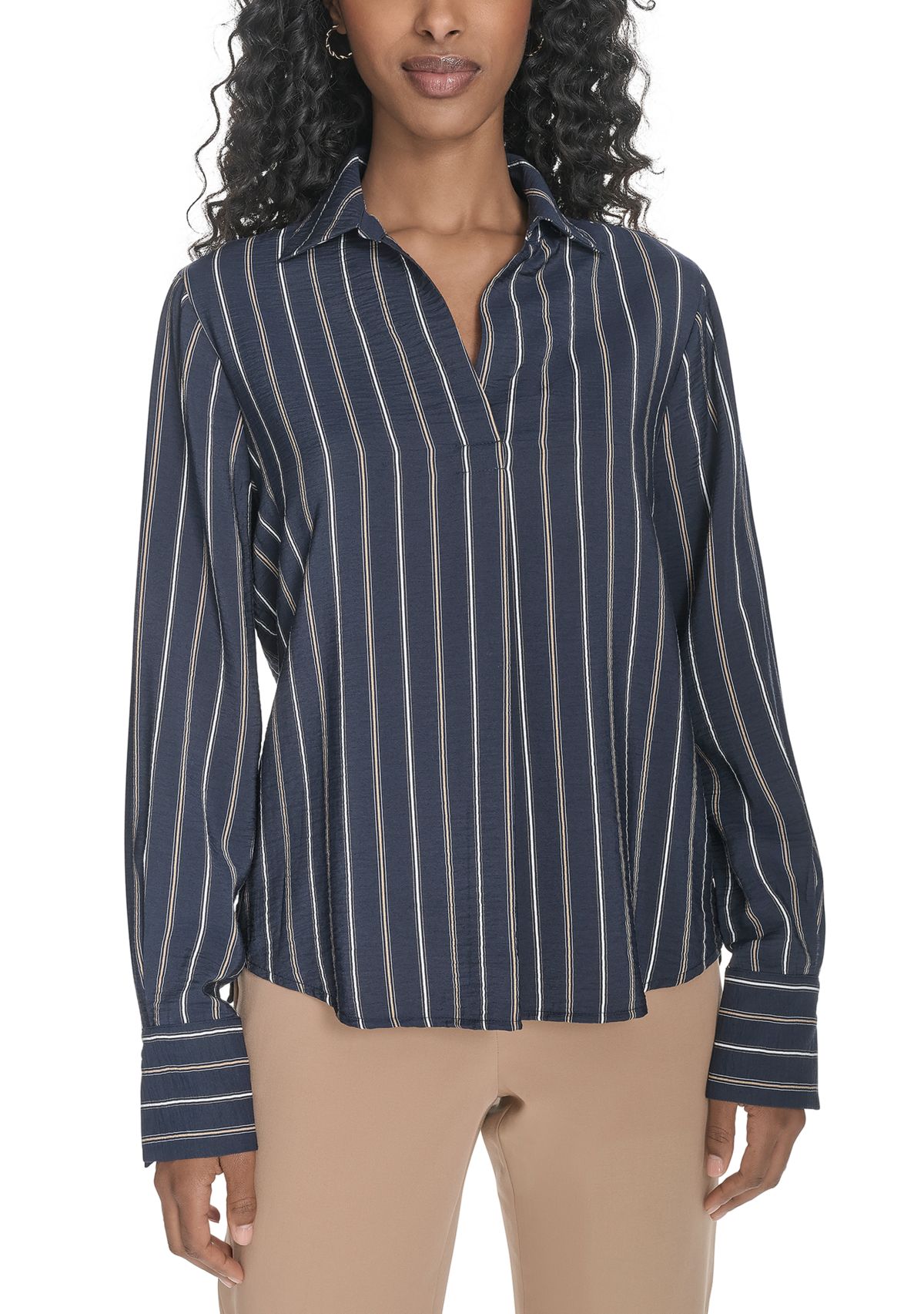 Womens Long Sleeve Striped Popover Top