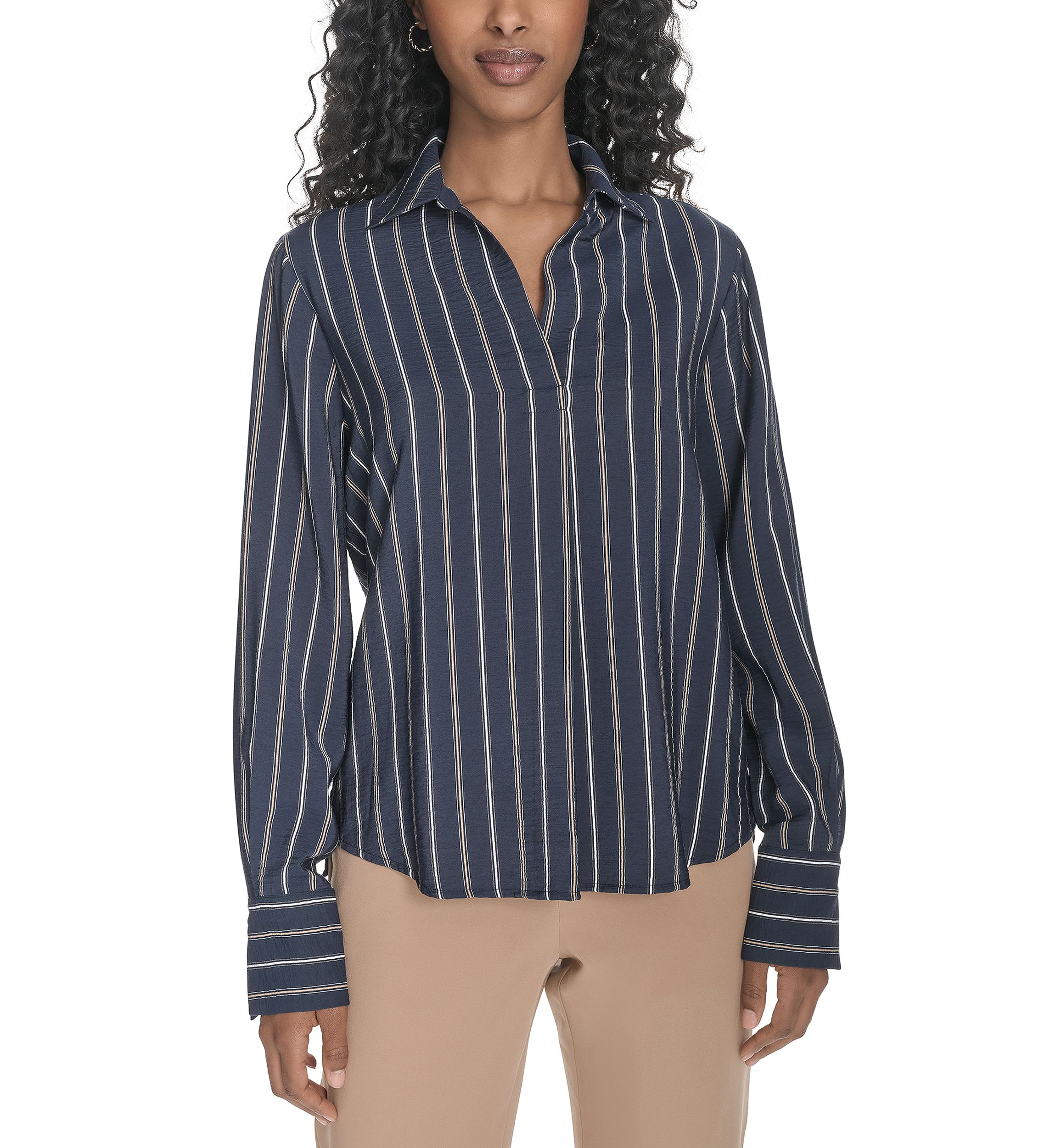 Womens Long Sleeve Striped Popover Top