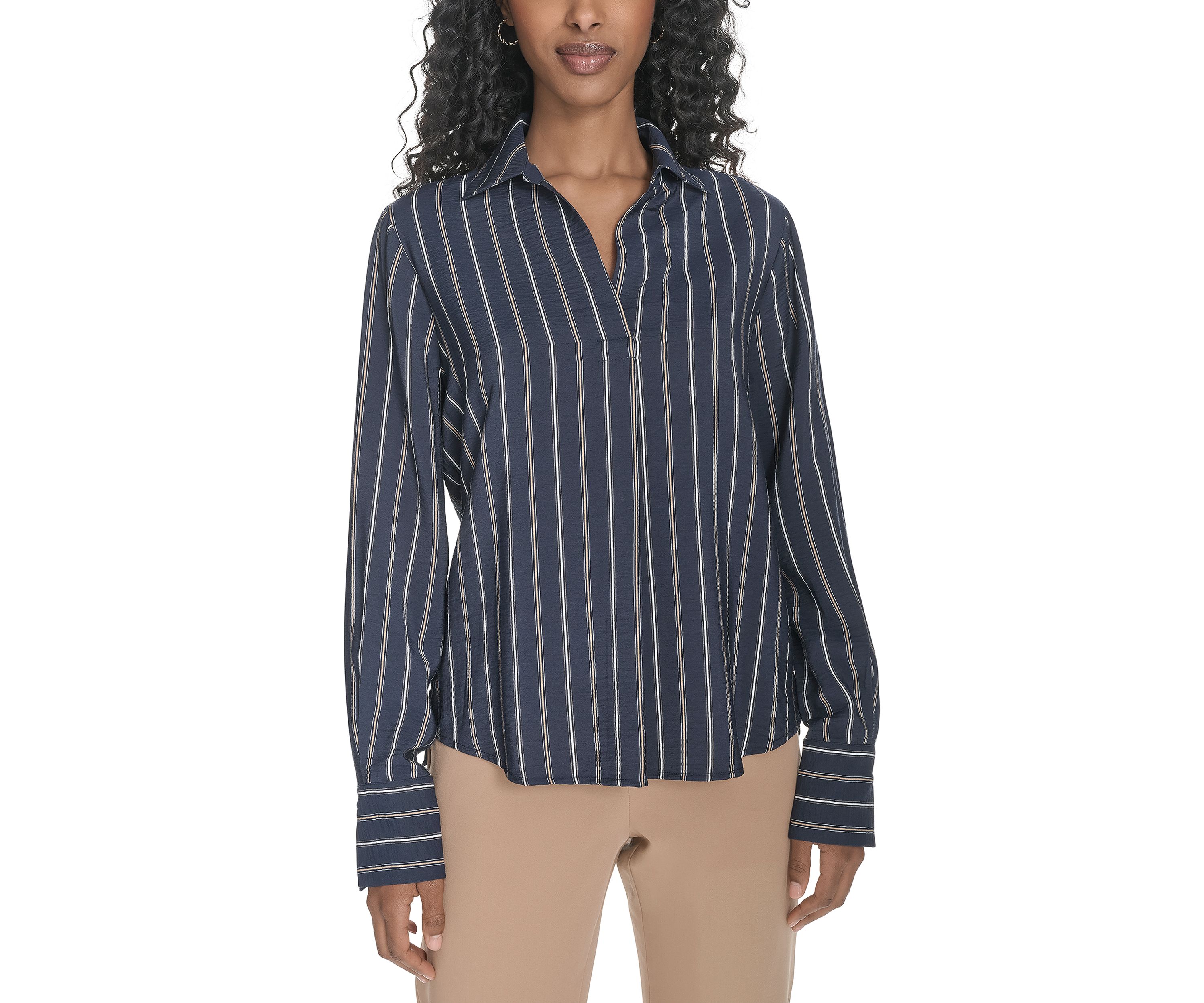 Womens Long Sleeve Striped Popover Top