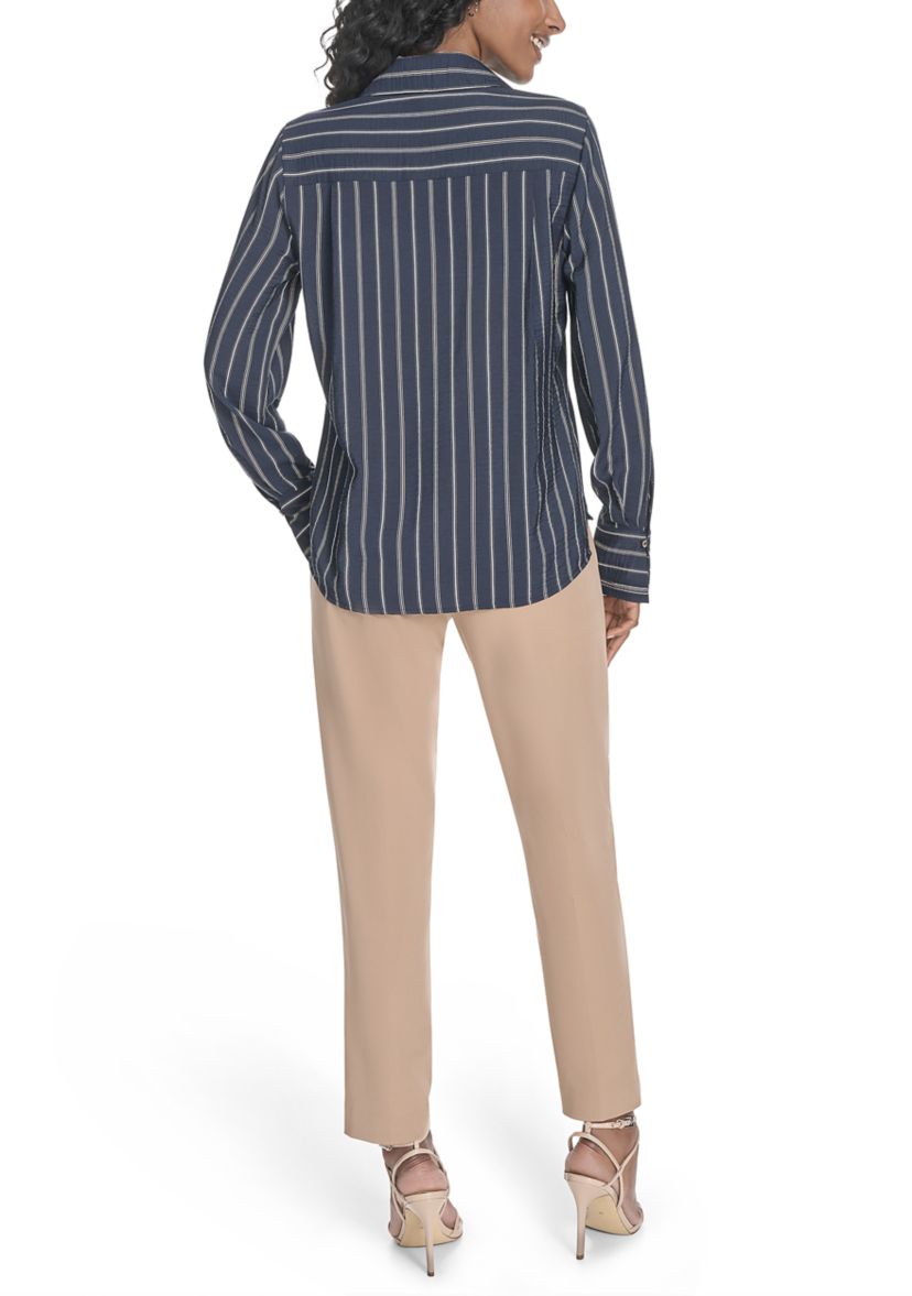 Womens Long Sleeve Striped Popover Top