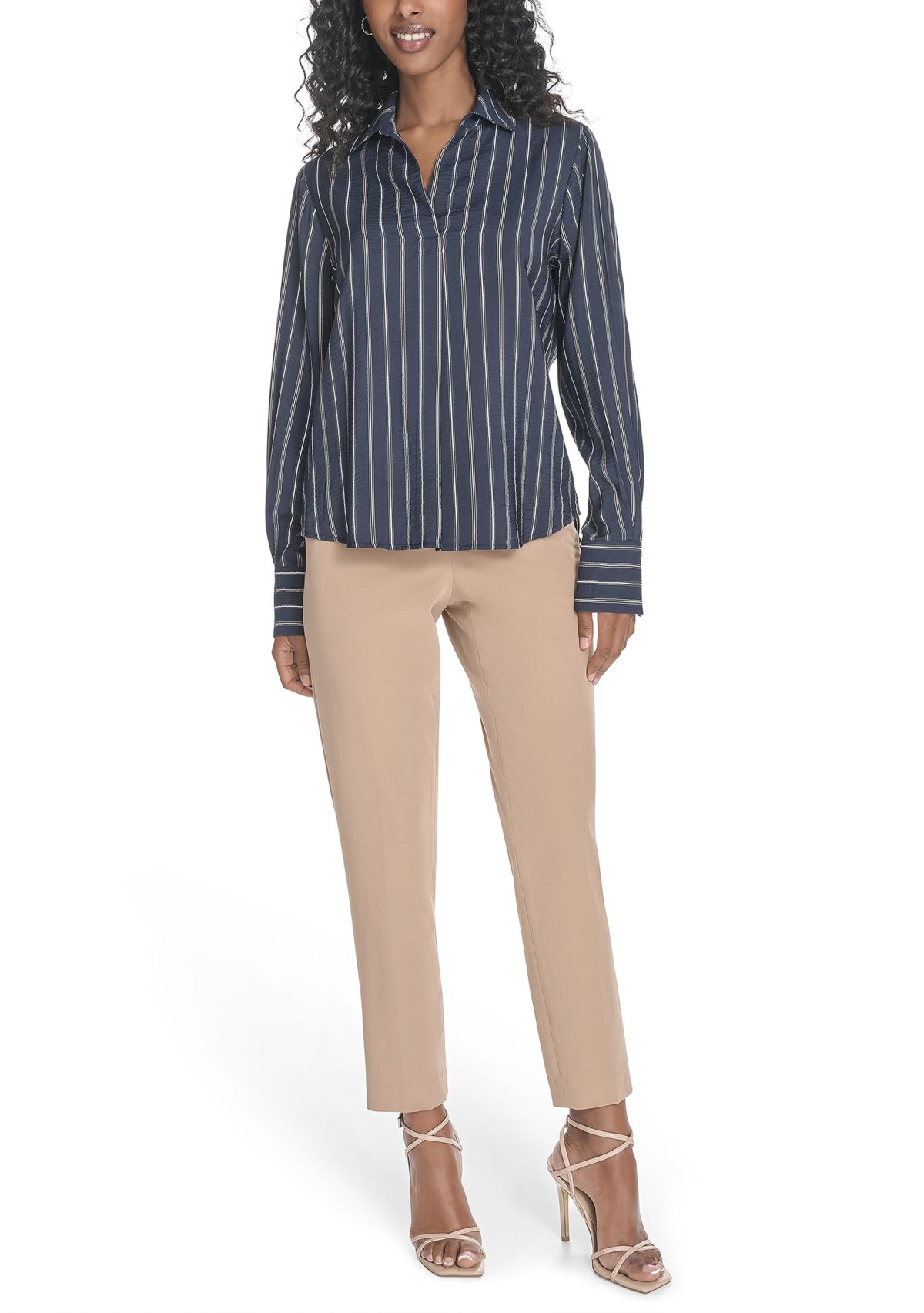 Womens Long Sleeve Striped Popover Top