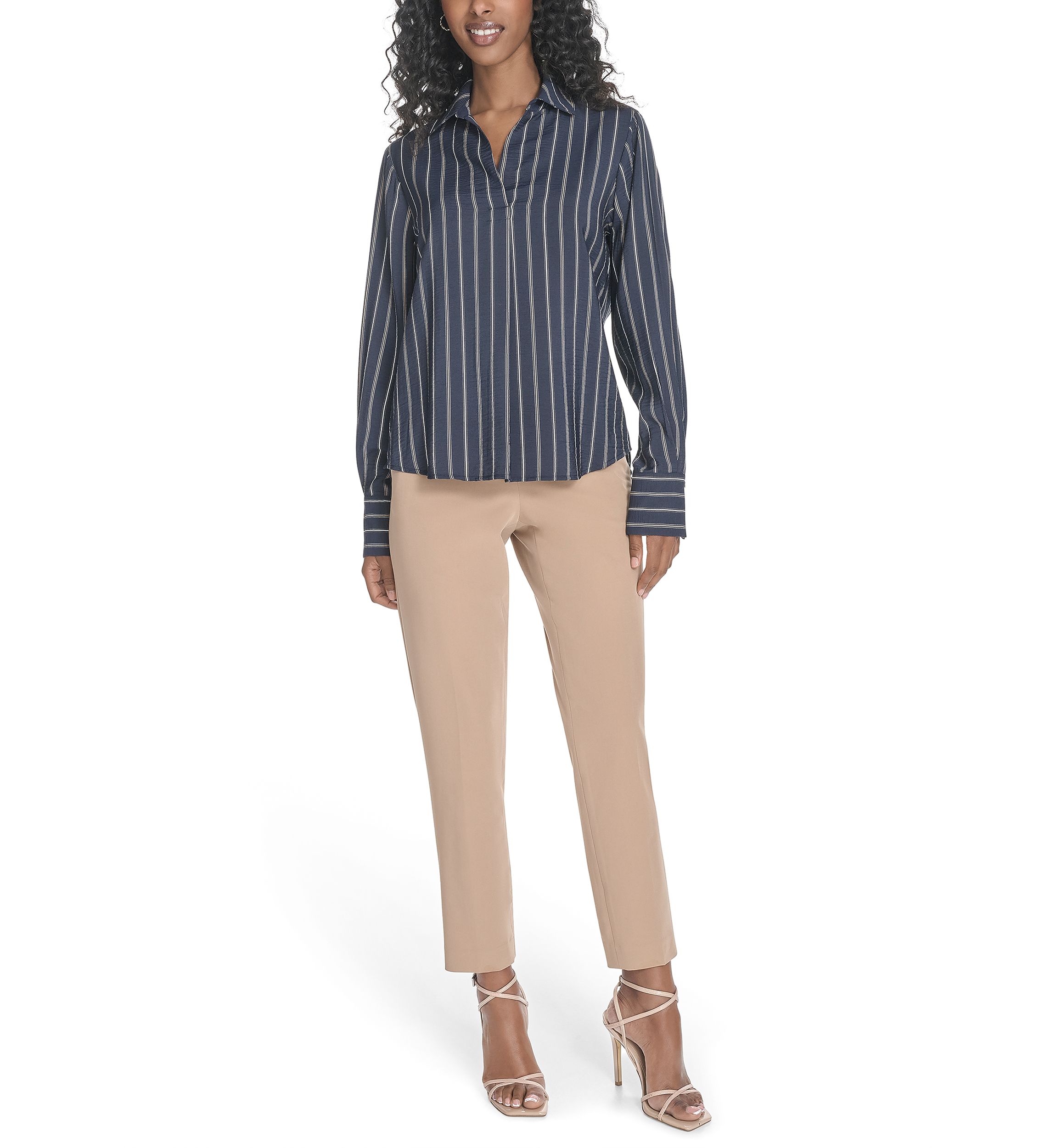 Womens Long Sleeve Striped Popover Top