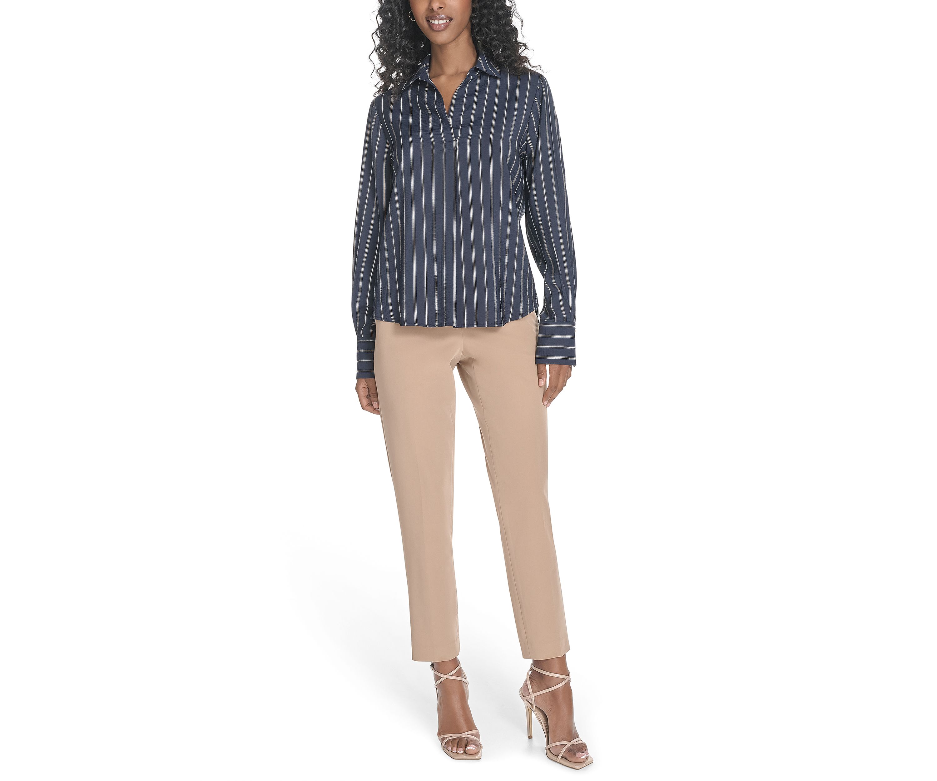 Womens Long Sleeve Striped Popover Top