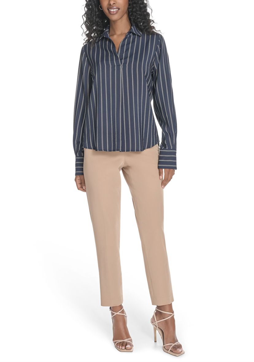 Womens Long Sleeve Striped Popover Top