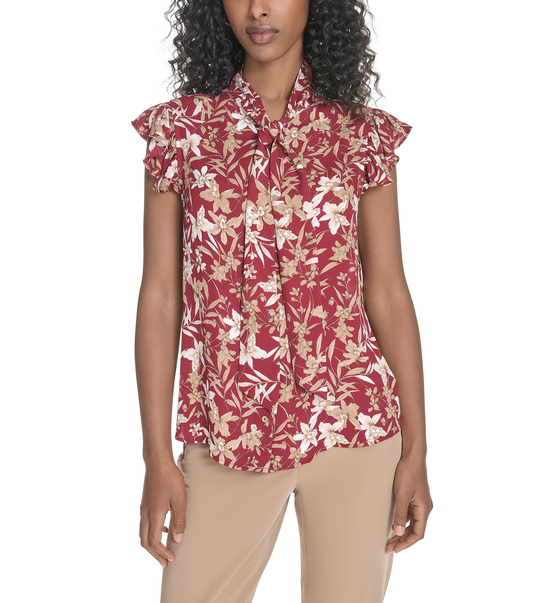 Womens Floral Ruffle Sleeve Bow Blouse