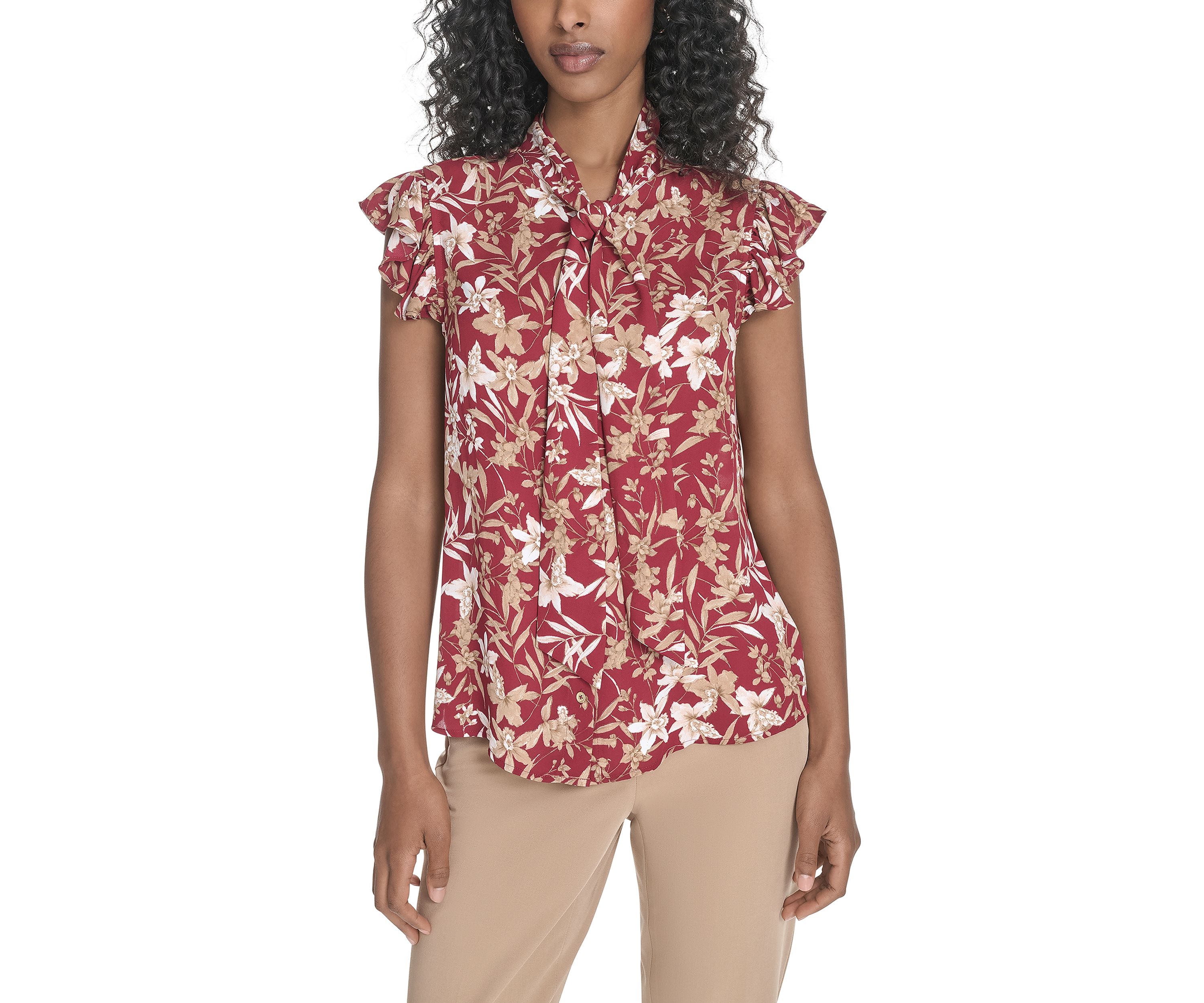 Womens Floral Ruffle Sleeve Bow Blouse