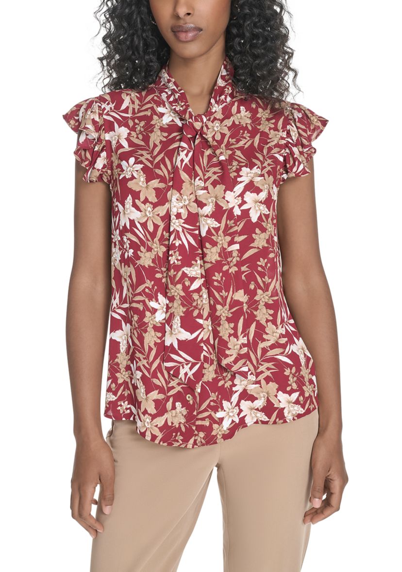Womens Floral Ruffle Sleeve Bow Blouse