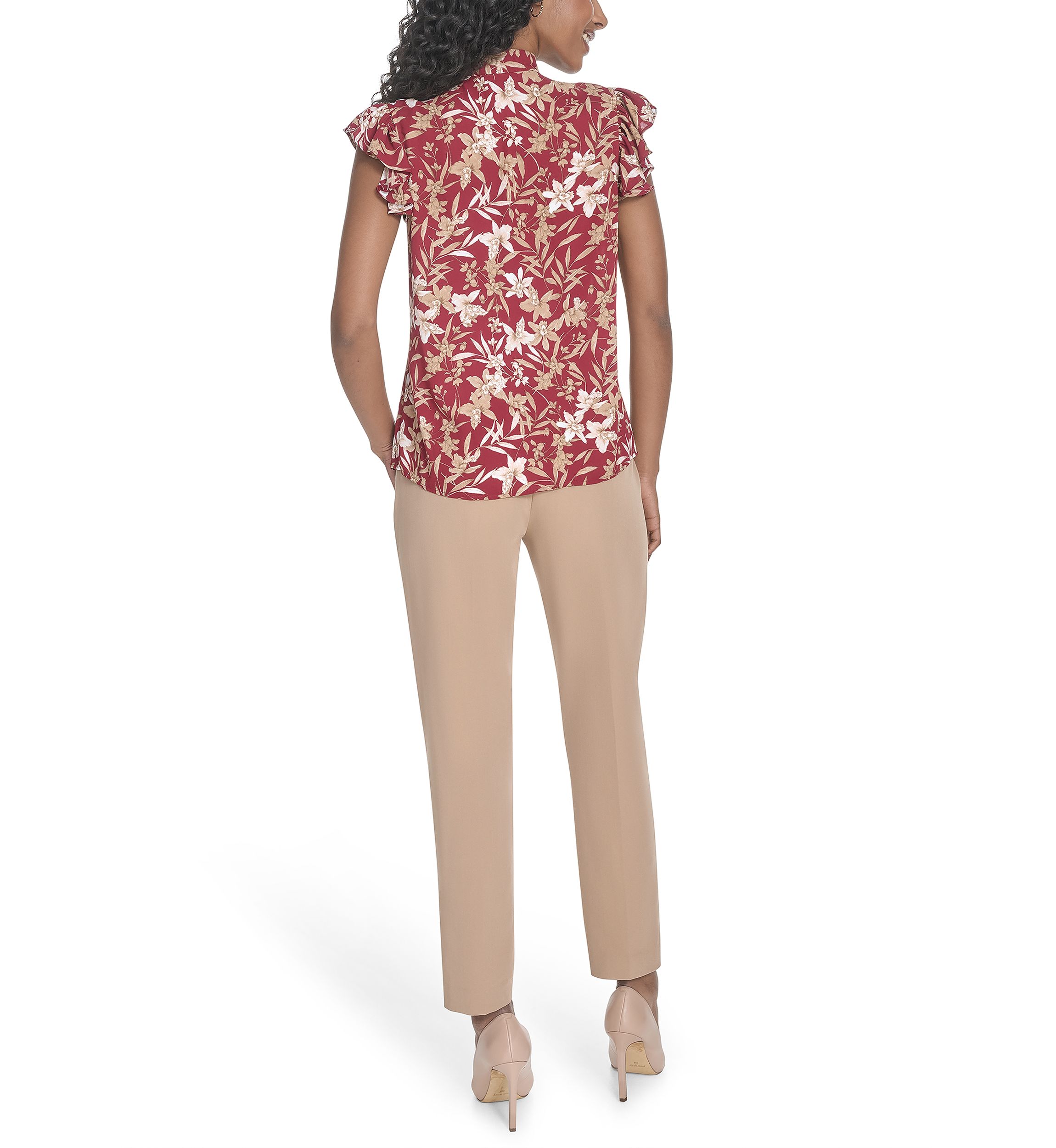 Womens Floral Ruffle Sleeve Bow Blouse