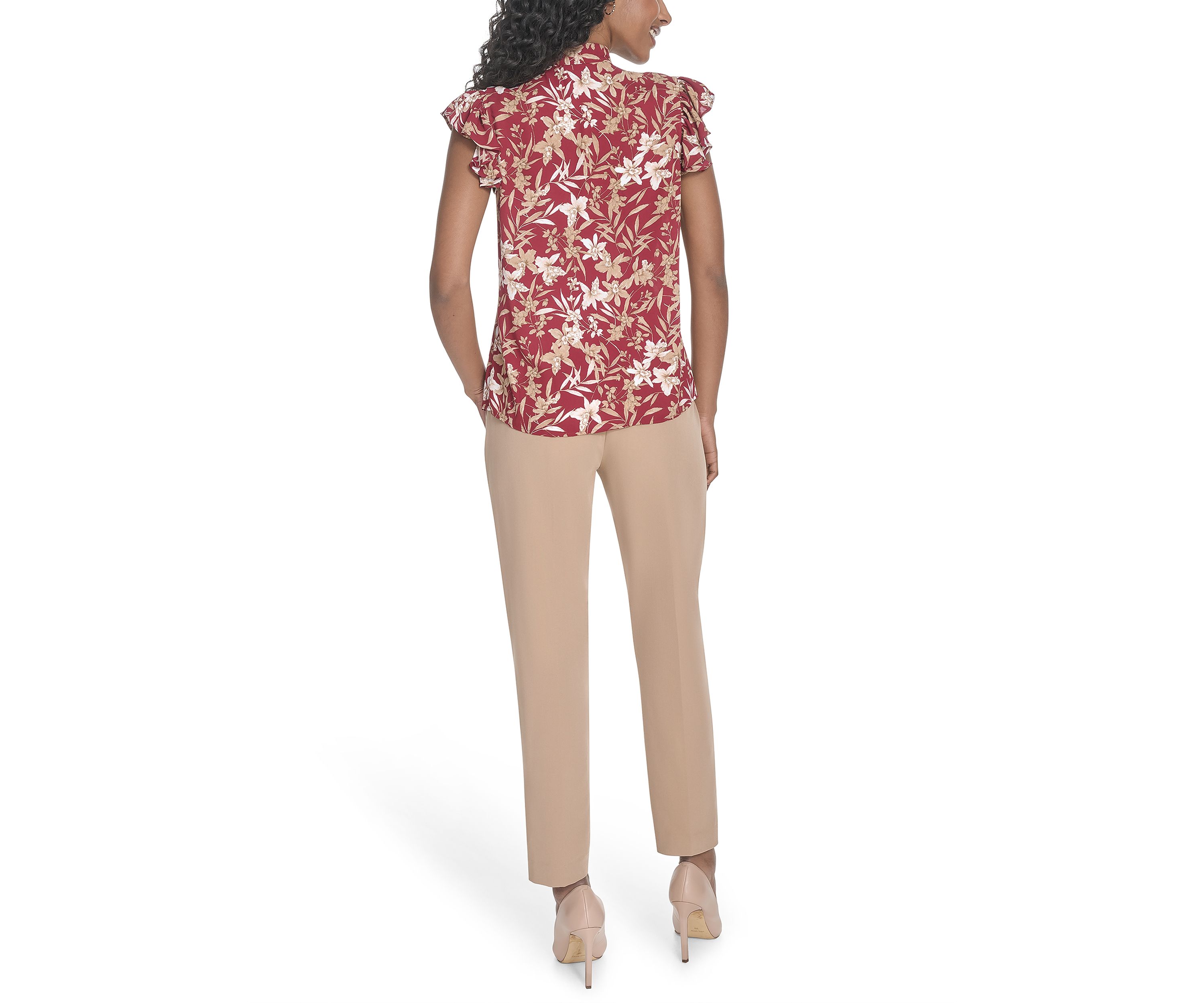 Womens Floral Ruffle Sleeve Bow Blouse