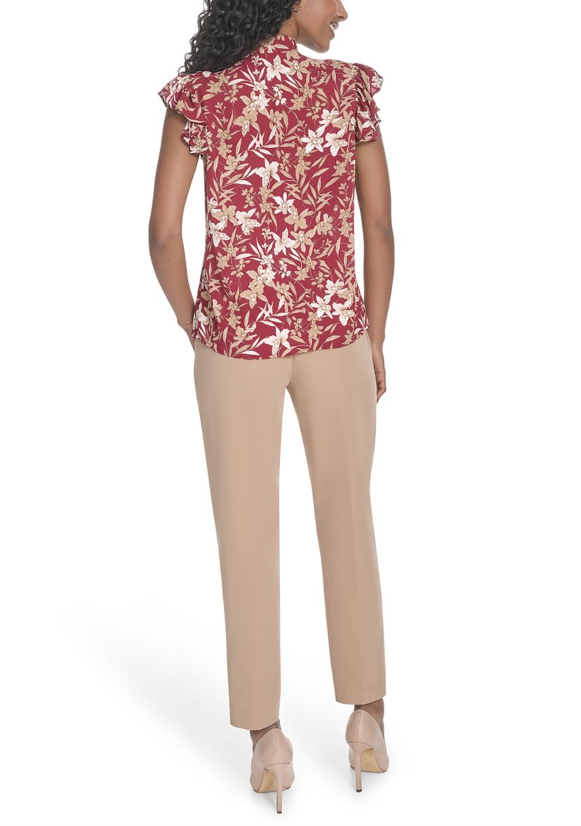 Womens Floral Ruffle Sleeve Bow Blouse