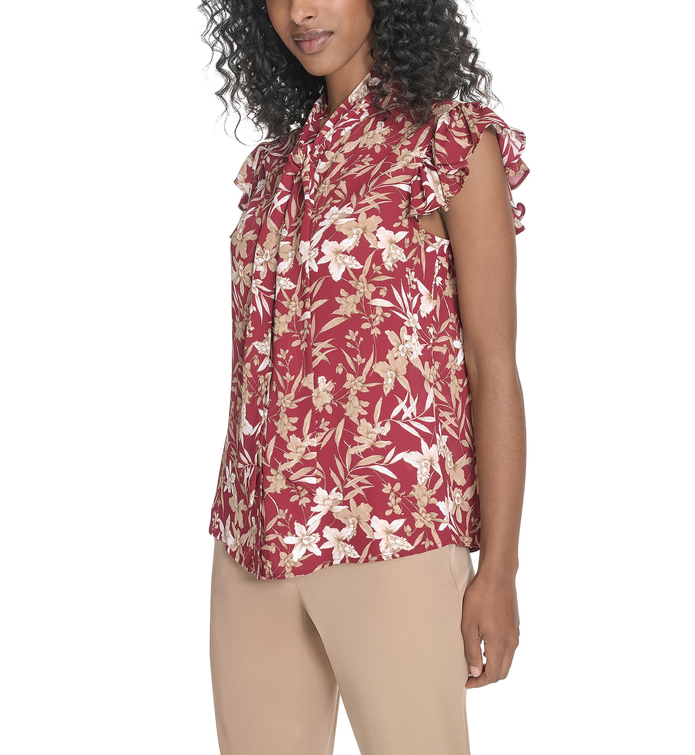 Womens Floral Ruffle Sleeve Bow Blouse