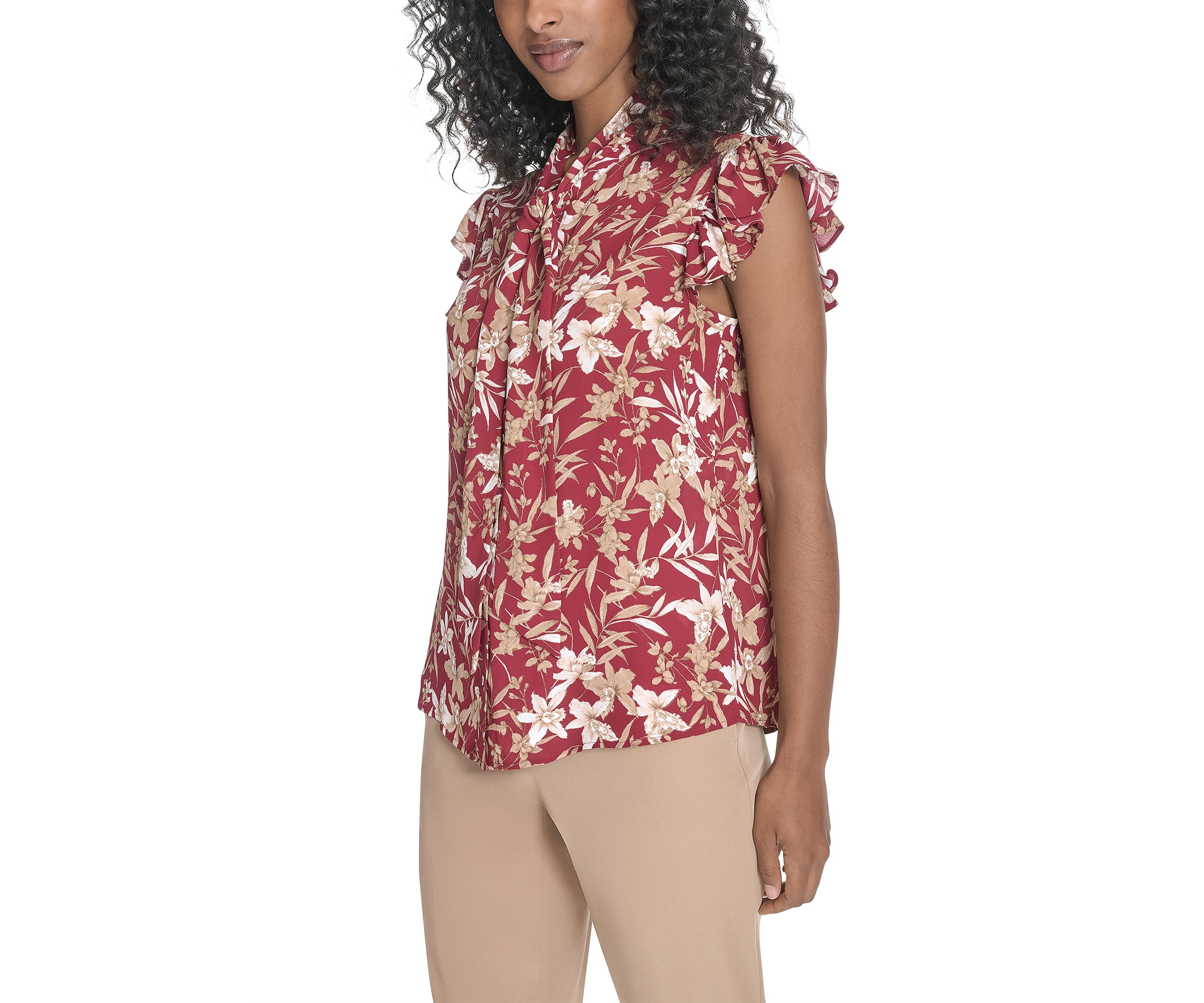 Womens Floral Ruffle Sleeve Bow Blouse