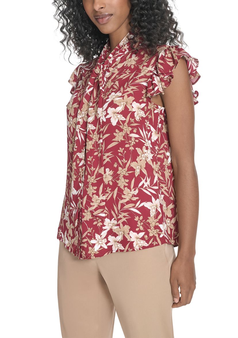 Womens Floral Ruffle Sleeve Bow Blouse