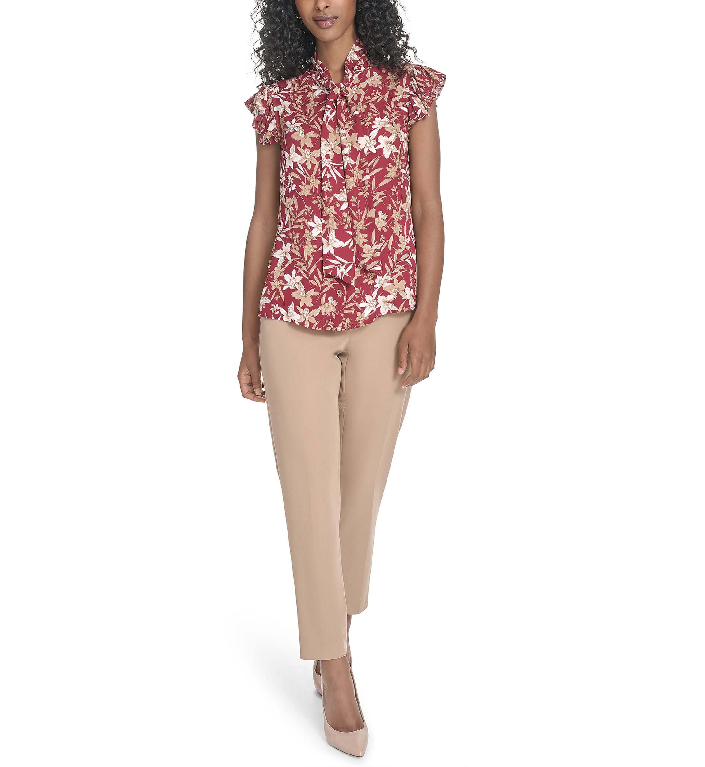 Womens Floral Ruffle Sleeve Bow Blouse