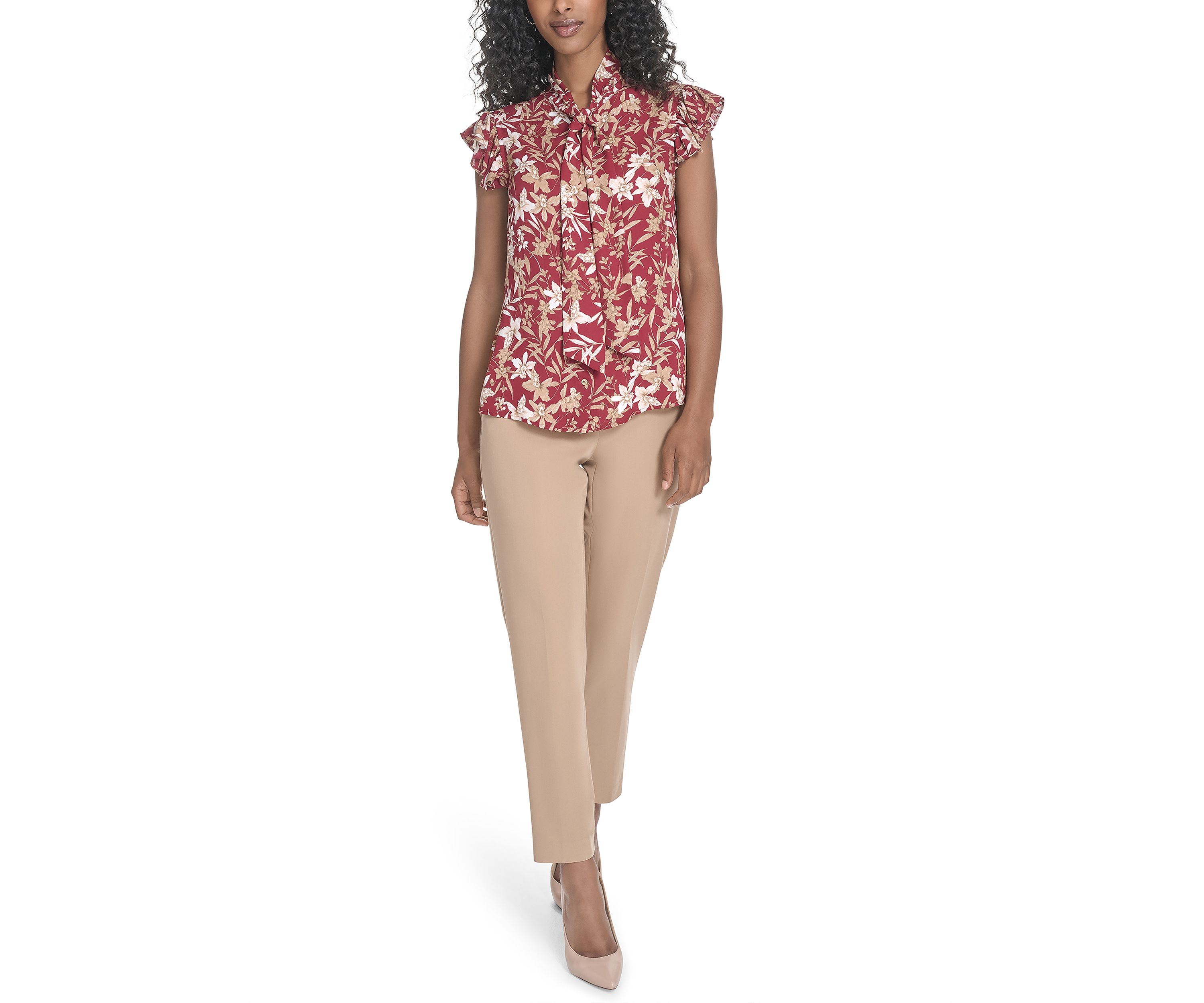 Womens Floral Ruffle Sleeve Bow Blouse