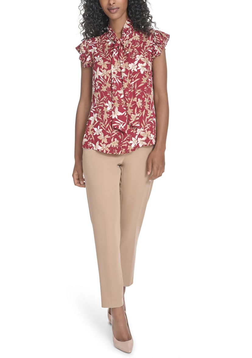 Womens Floral Ruffle Sleeve Bow Blouse