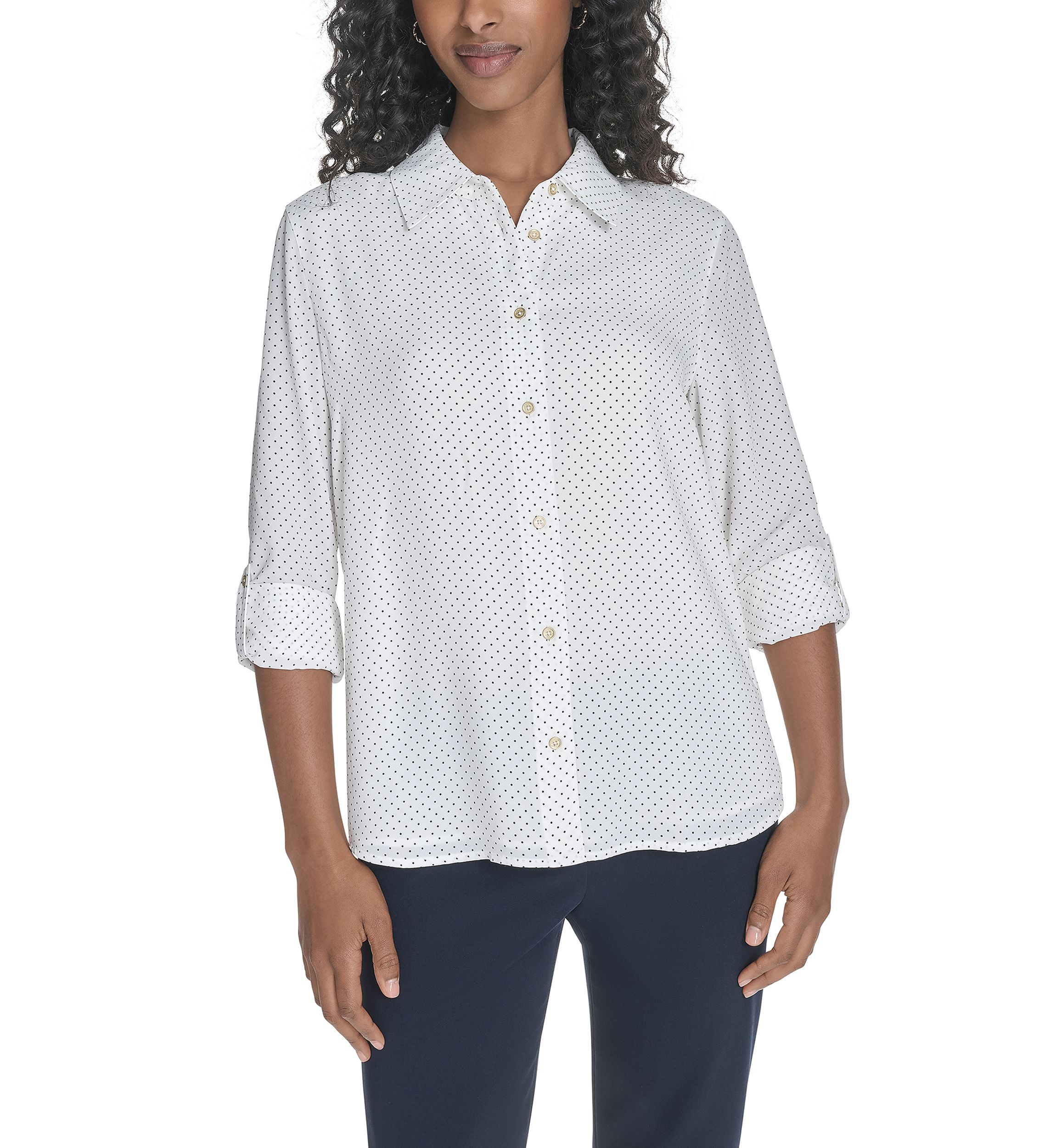 Womens Slim Fit Pin Dot Roll Tab Shirt