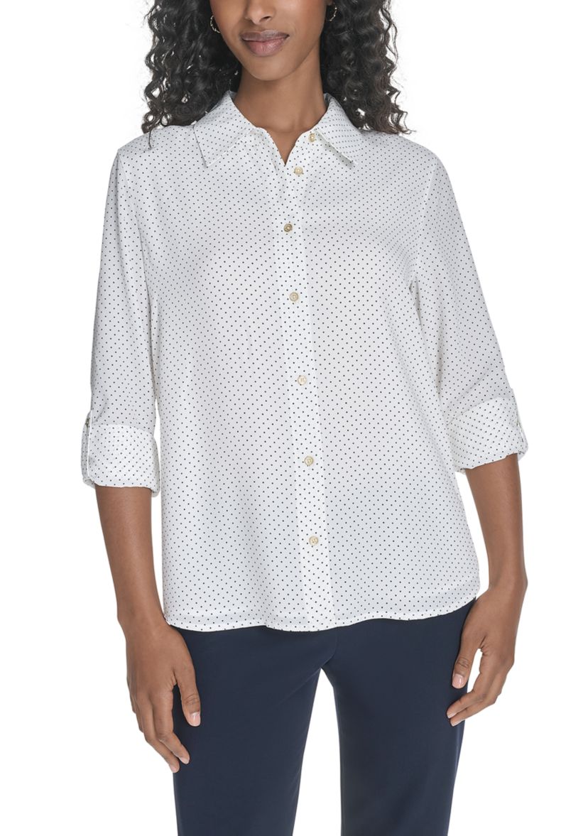 Womens Slim Fit Pin Dot Roll Tab Shirt