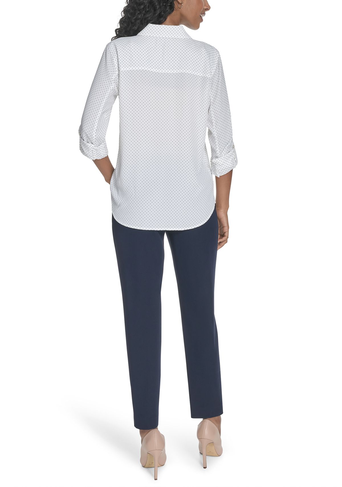 Womens Slim Fit Pin Dot Roll Tab Shirt