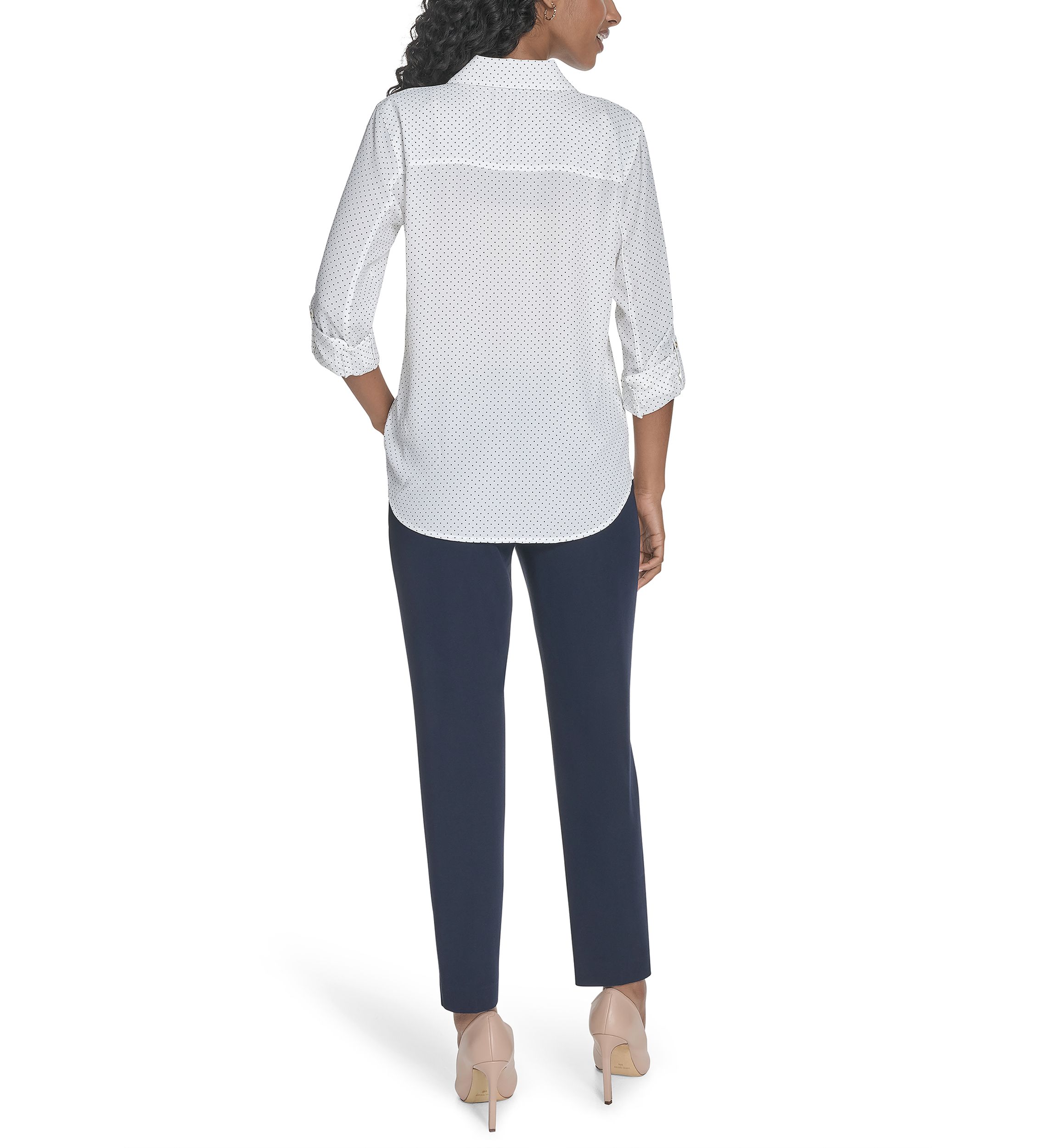Womens Slim Fit Pin Dot Roll Tab Shirt