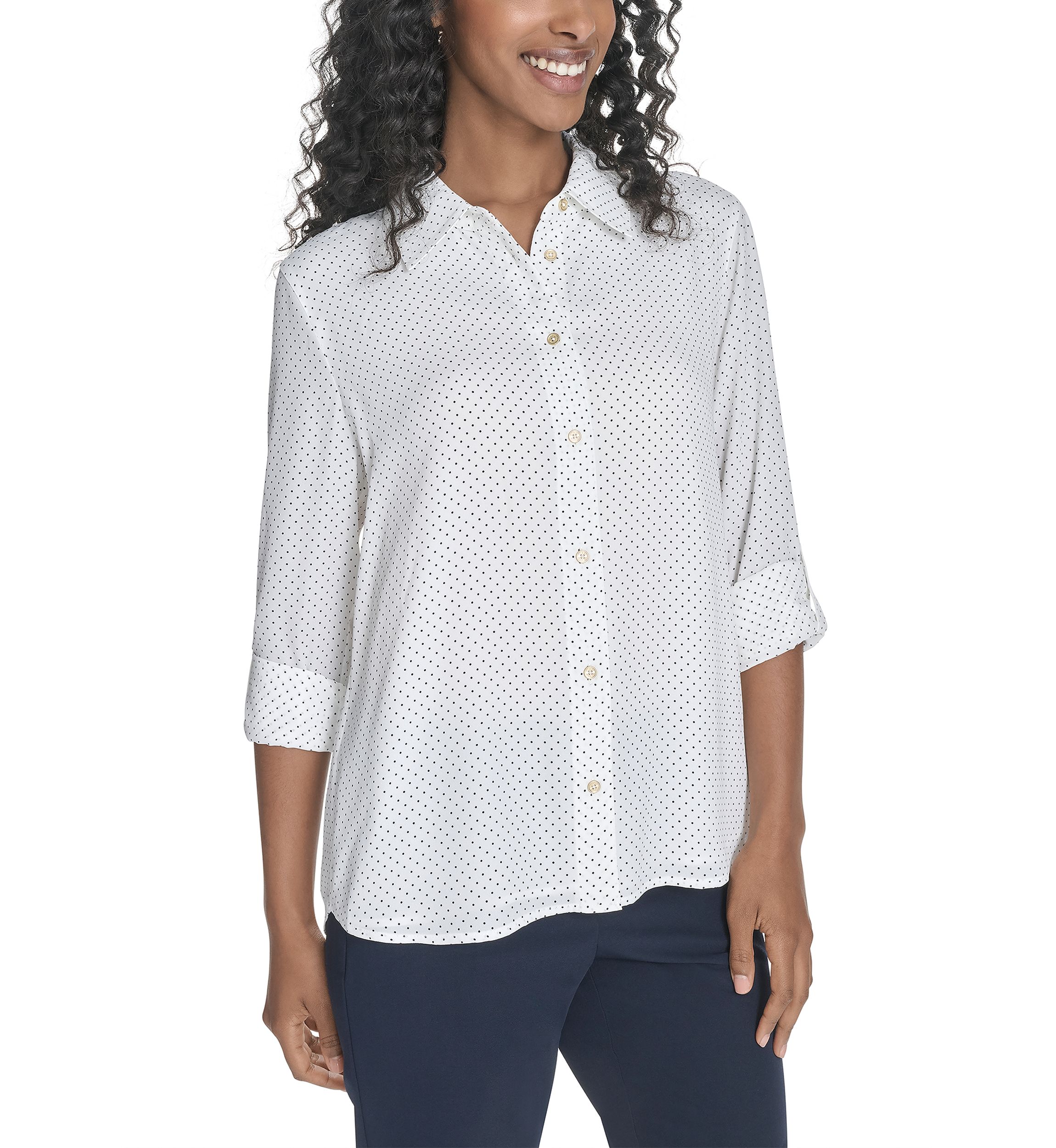 Womens Slim Fit Pin Dot Roll Tab Shirt