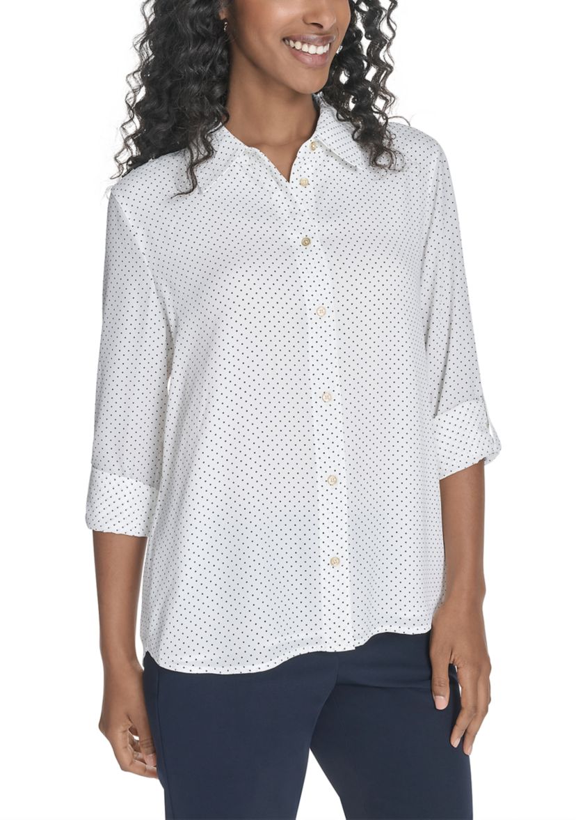 Womens Slim Fit Pin Dot Roll Tab Shirt