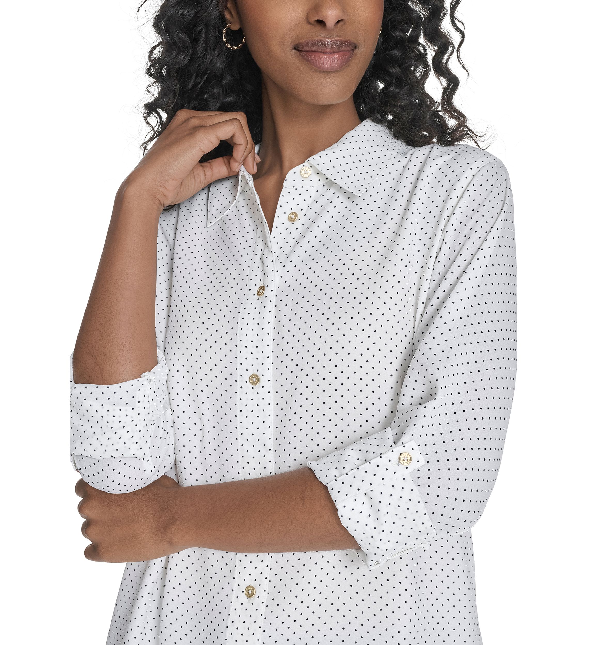 Womens Slim Fit Pin Dot Roll Tab Shirt