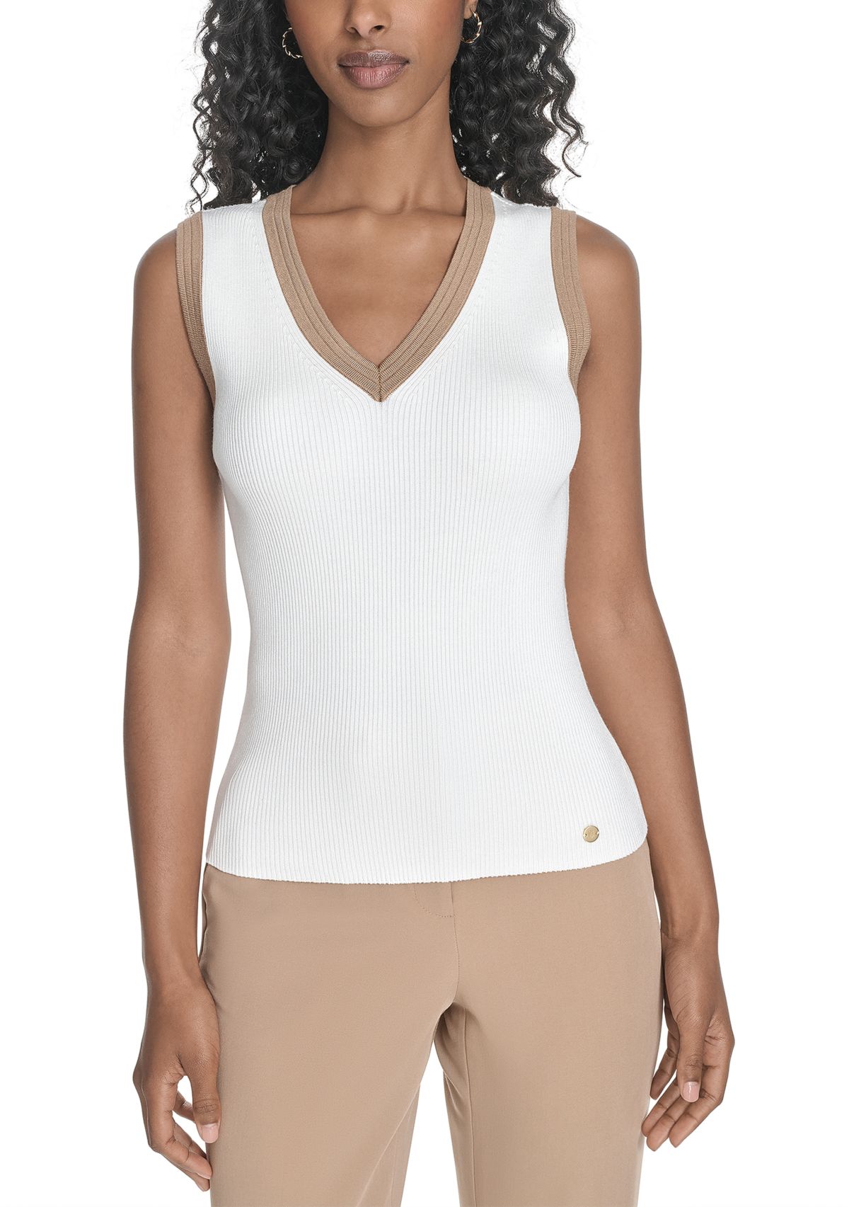 Womens Sleeveless V-Neck Tipped Sweater