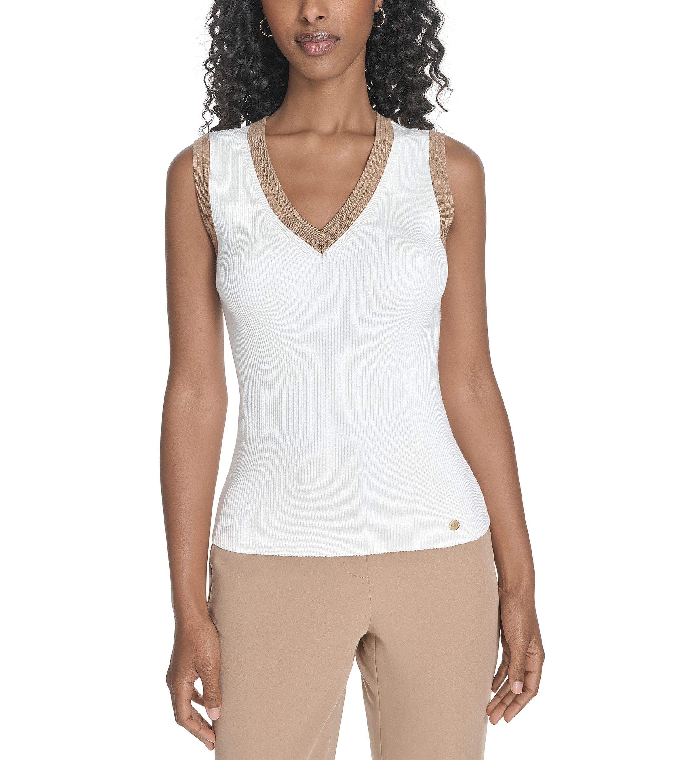 Womens Sleeveless V-Neck Tipped Sweater