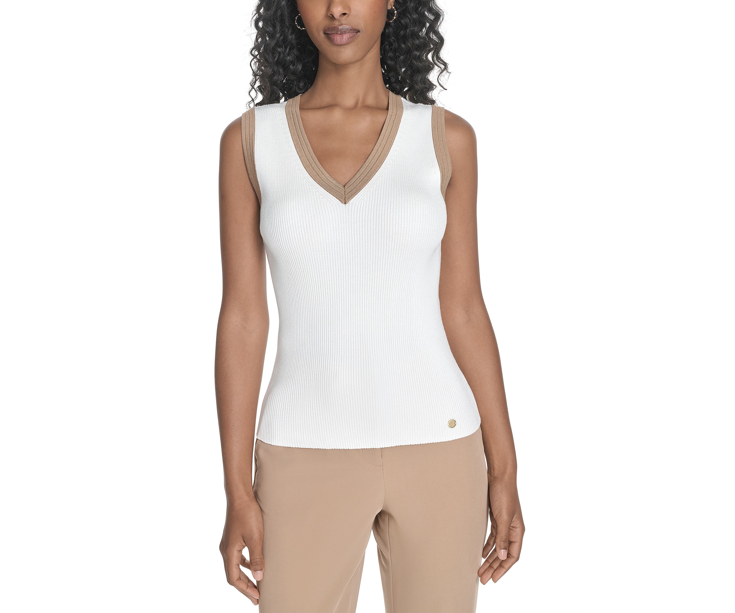 Womens Sleeveless V-Neck Tipped Sweater