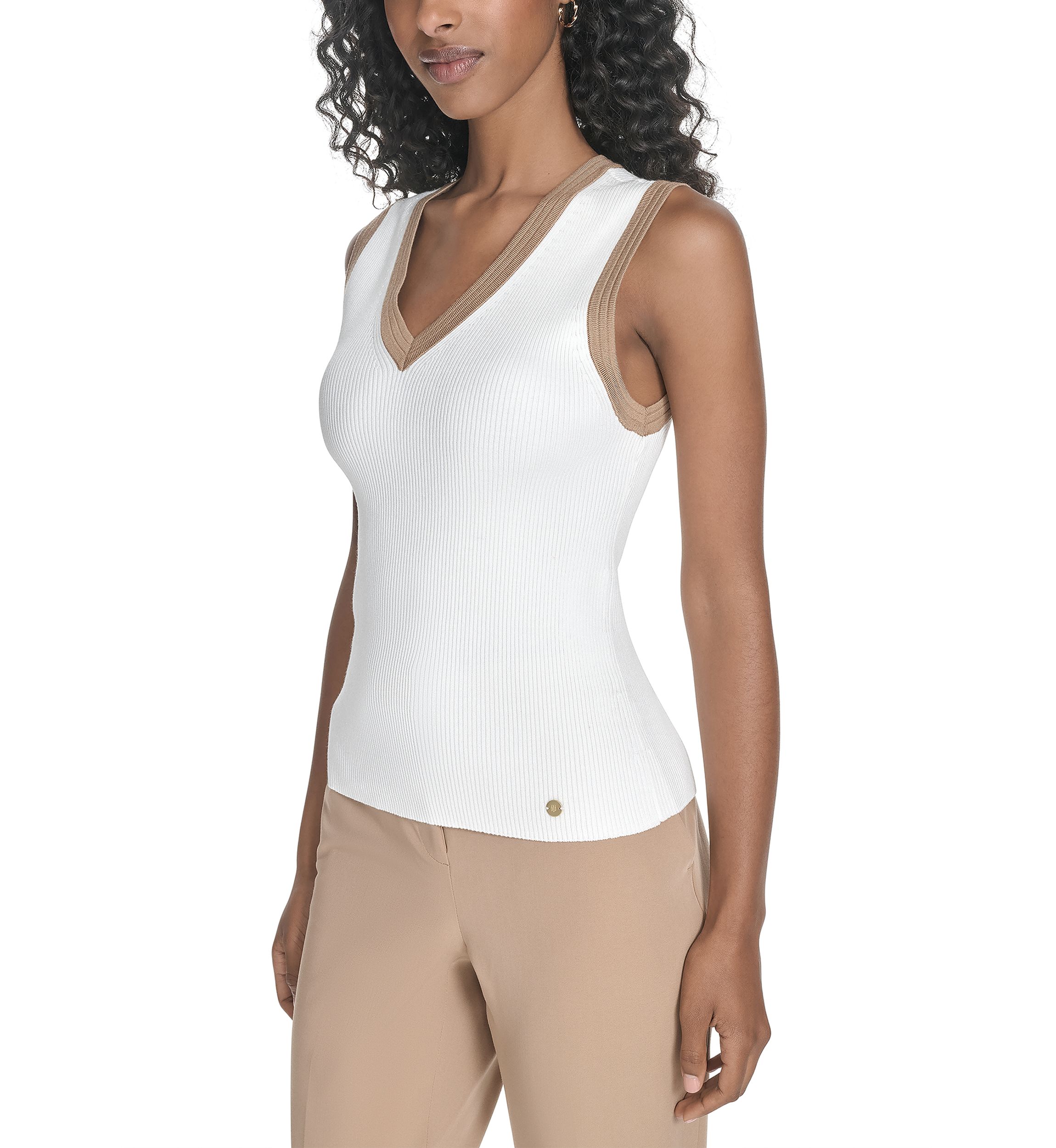 Womens Sleeveless V-Neck Tipped Sweater