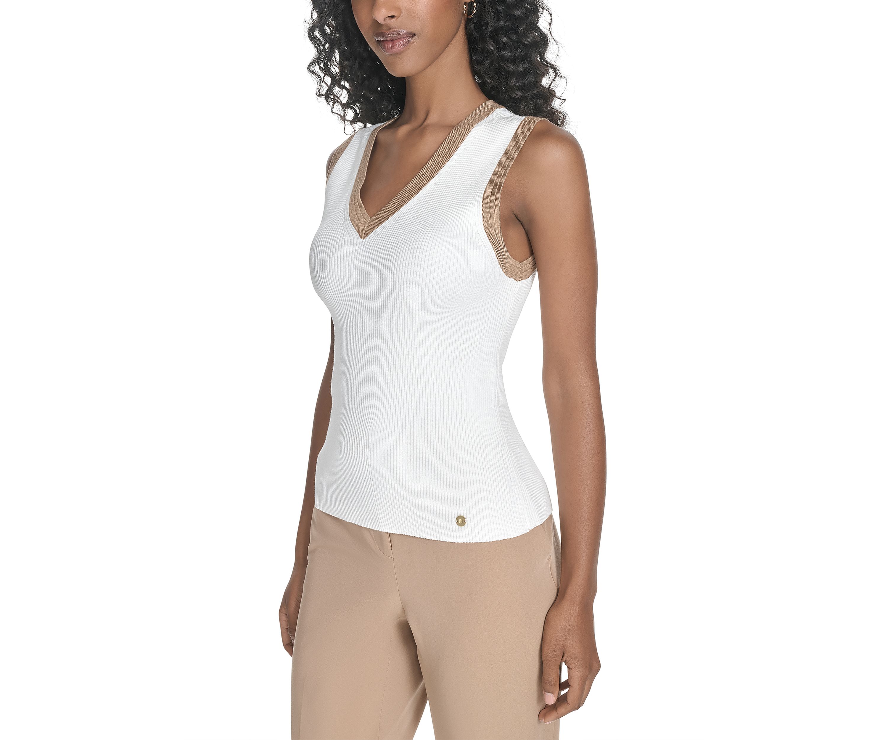 Womens Sleeveless V-Neck Tipped Sweater